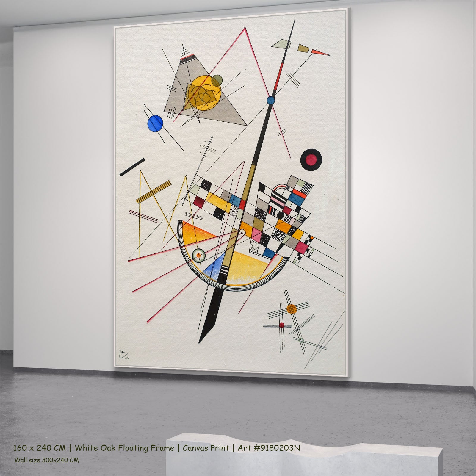 Delicate Tension by Wassily Kandinsky in a white oak floating frame, large white and grey Geometric Abstract canvas