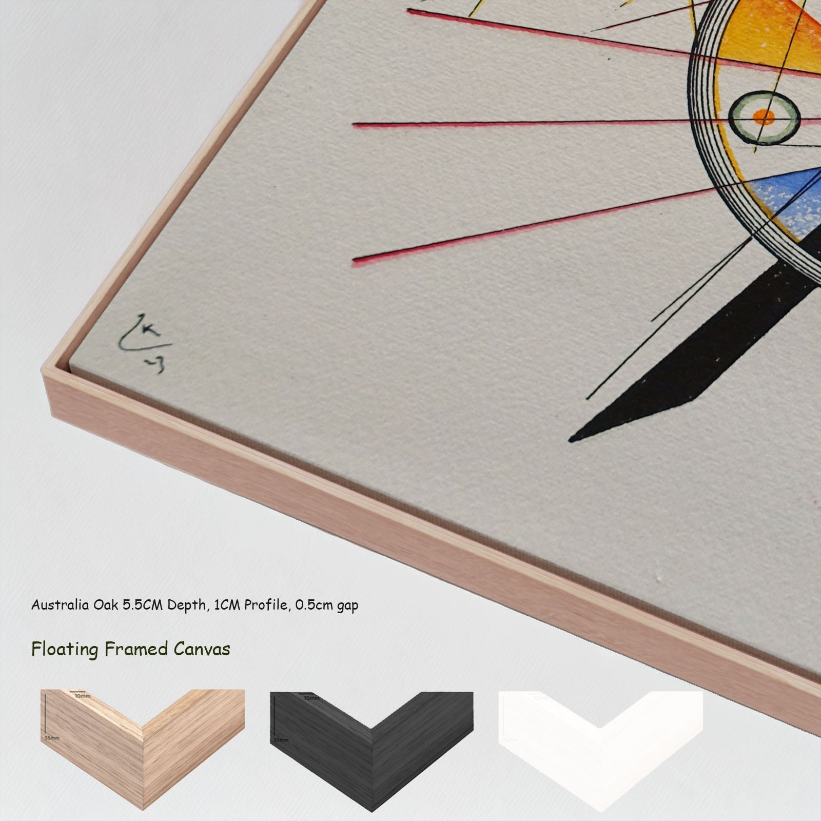 Delicate Tension by Wassily Kandinsky in a floating frame, large white and grey Geometric Abstract canvas print