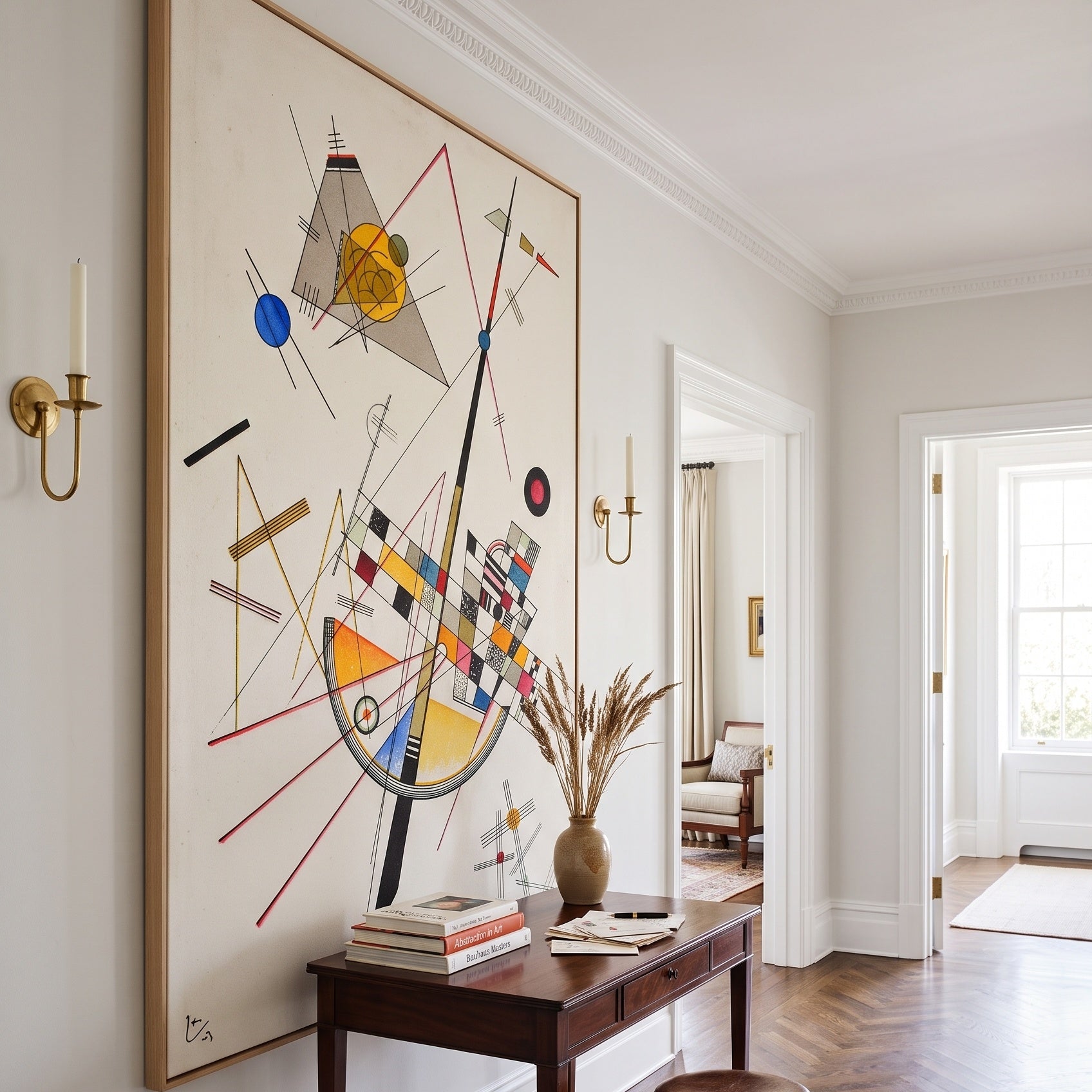 Delicate Tension by Wassily Kandinsky — large white and grey Geometric Abstract canvas art on a hallway wall