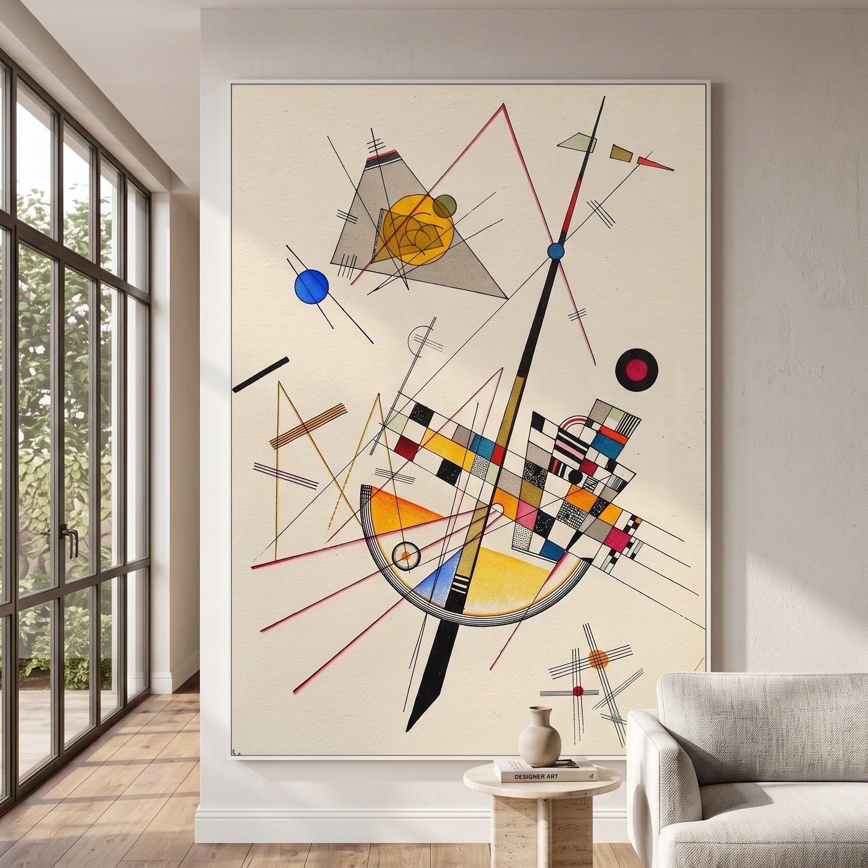 Delicate Tension by Wassily Kandinsky — large white and grey Geometric Abstract canvas art on a hallway wall