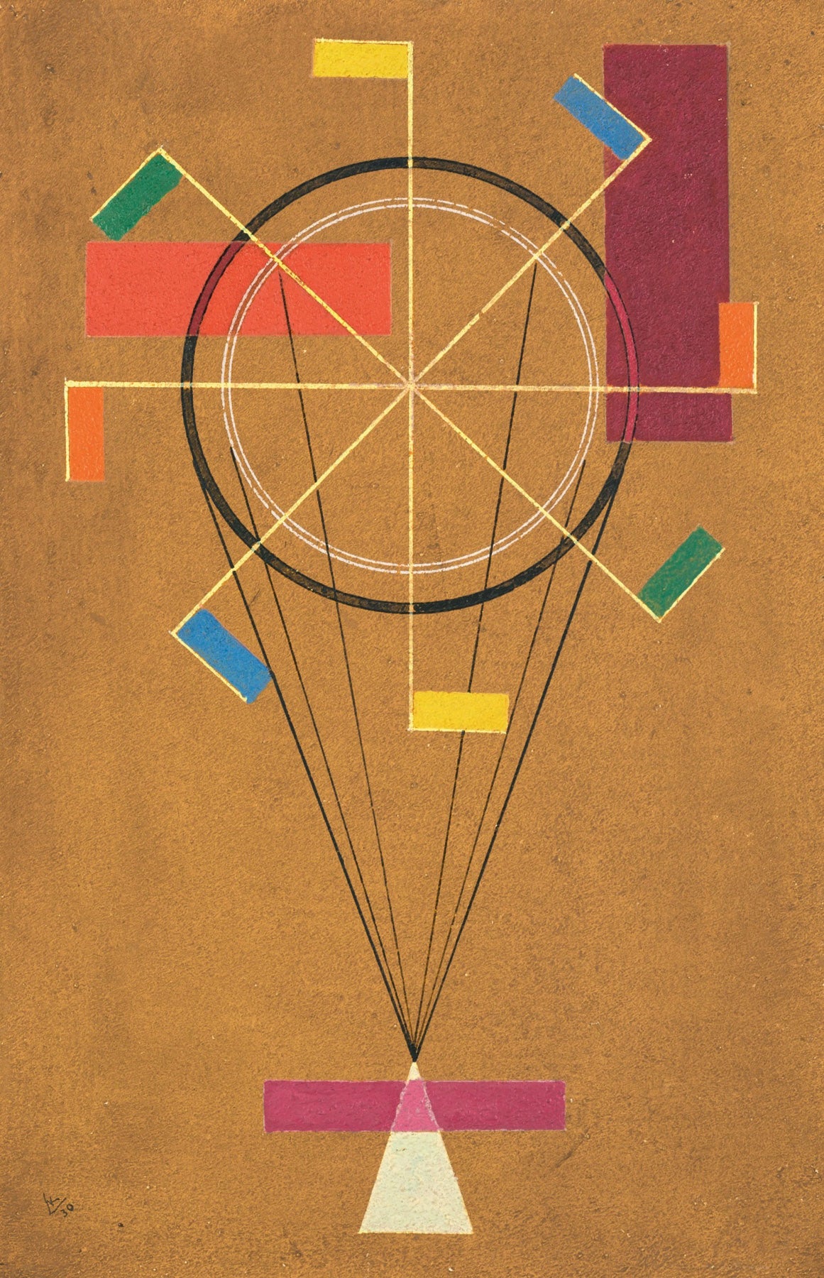 Large gold and red Colourful Abstract canvas print of Circle and Rays on Ochre by Wassily Kandinsky