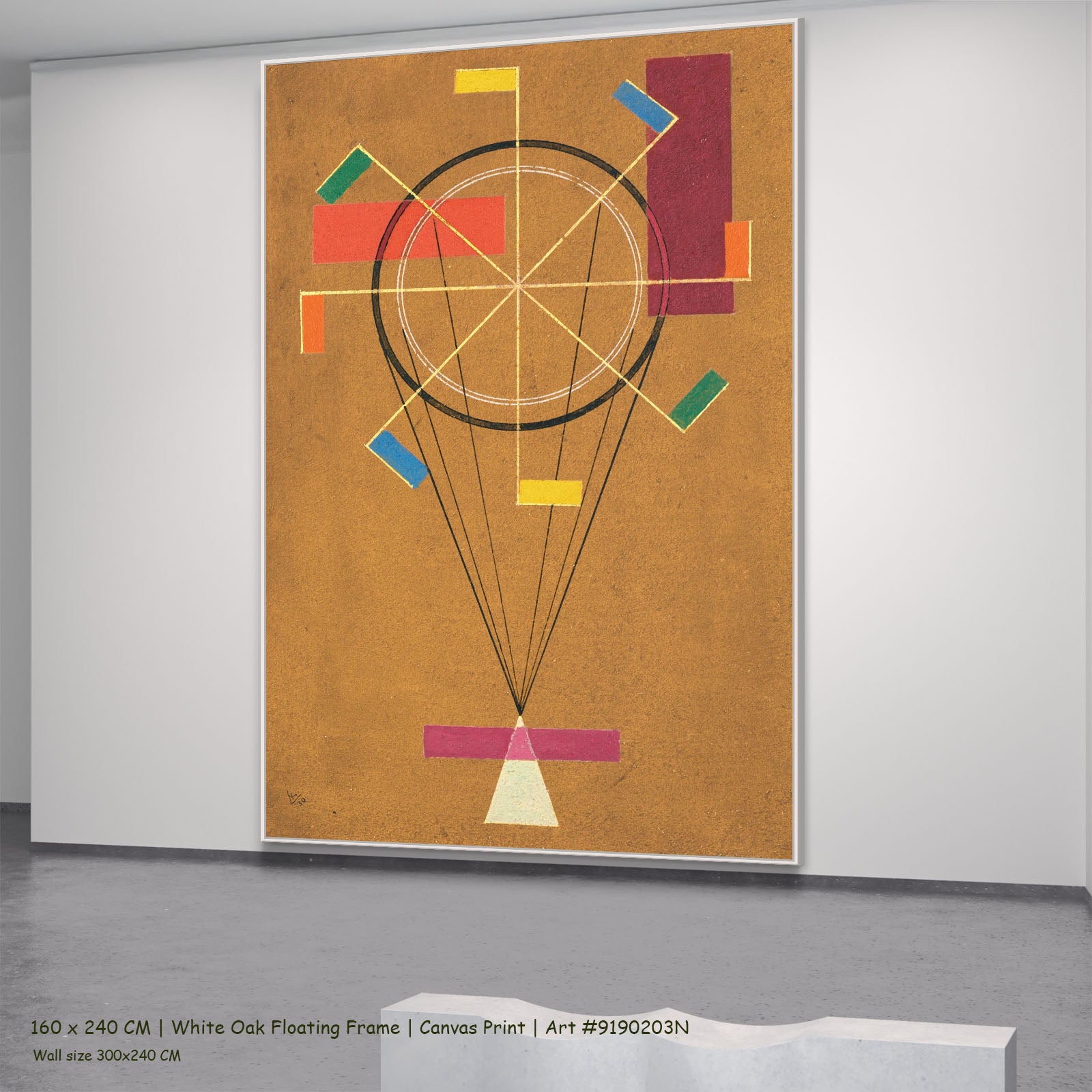 Circle and Rays on Ochre by Wassily Kandinsky in a white oak floating frame, large gold and red Colourful Abstract canvas