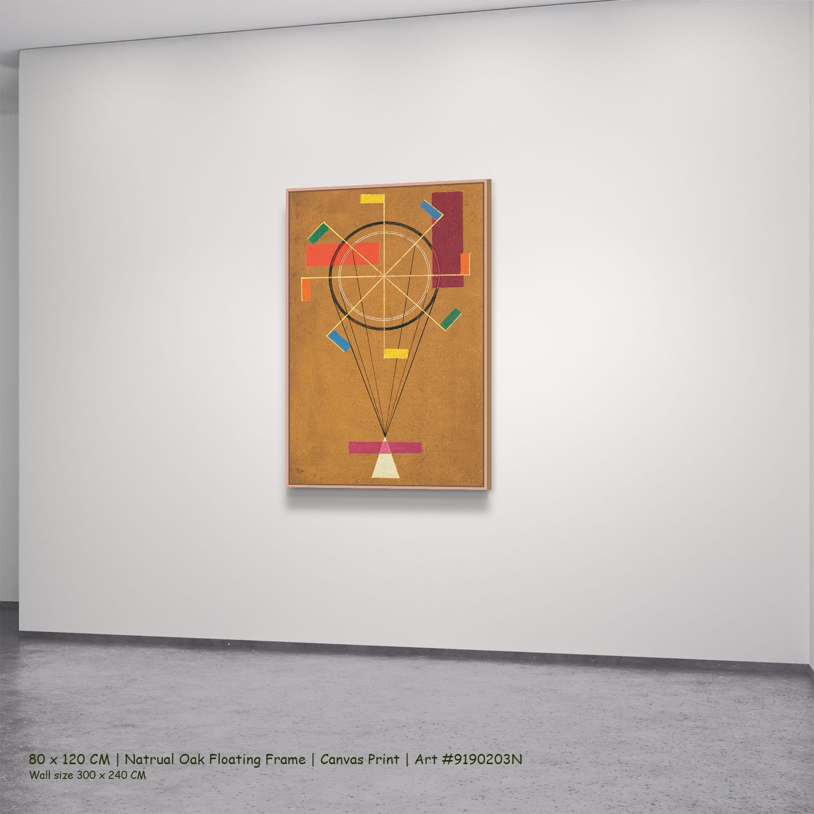 Circle and Rays on Ochre by Wassily Kandinsky in a natural oak floating frame, large gold and red Colourful Abstract canvas