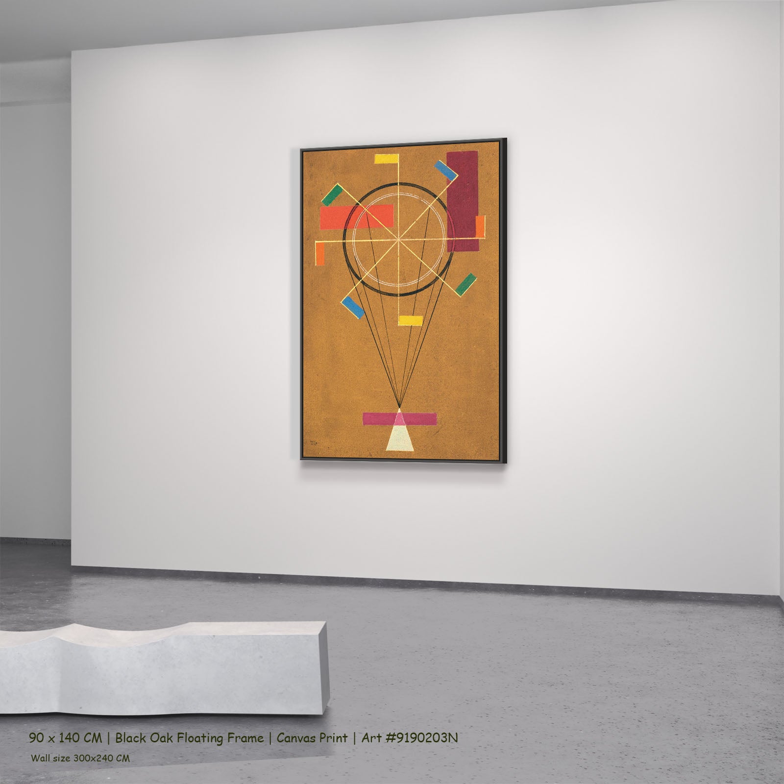 Circle and Rays on Ochre by Wassily Kandinsky in a black oak floating frame, large gold and red Colourful Abstract canvas