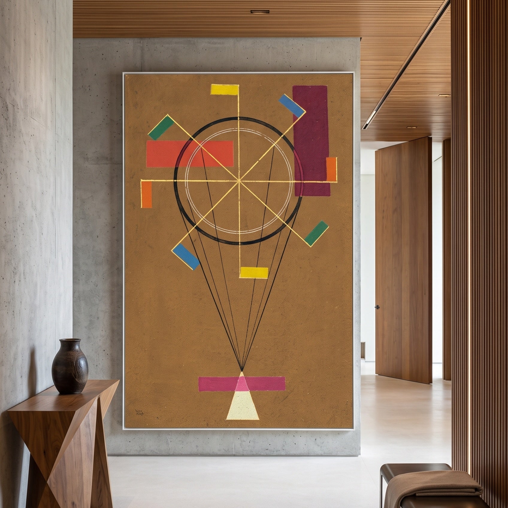 Circle and Rays on Ochre by Wassily Kandinsky — large gold and red Colourful Abstract canvas art on a hallway wall
