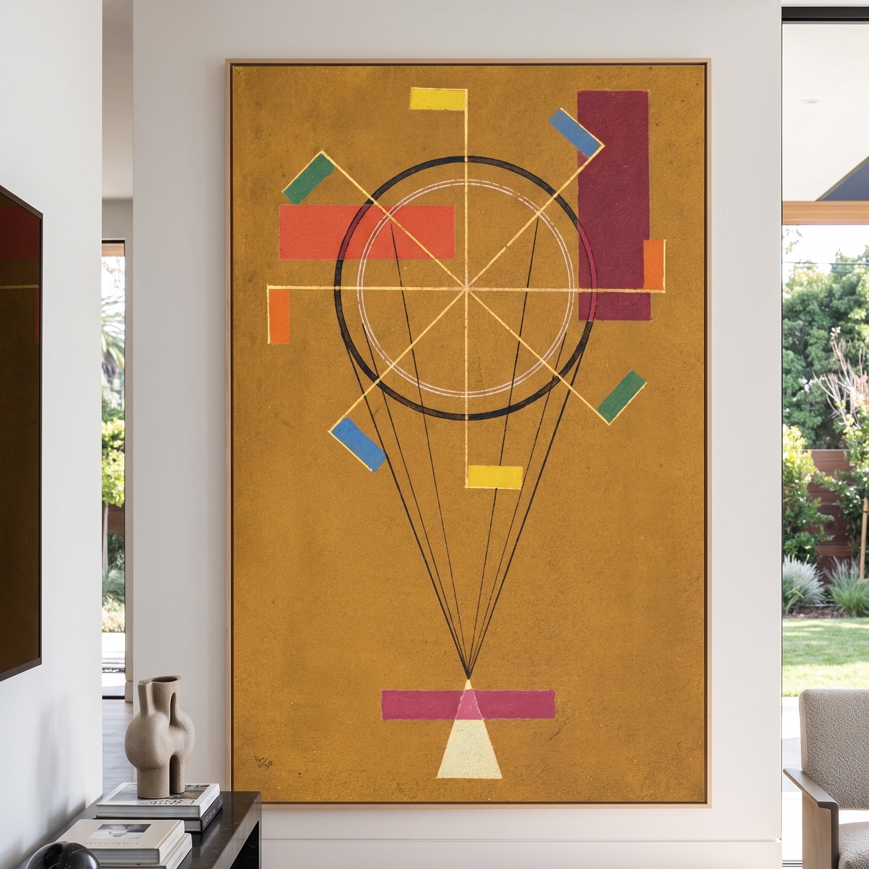 Circle and Rays on Ochre by Wassily Kandinsky — large gold and red Colourful Abstract canvas art on a hallway wall