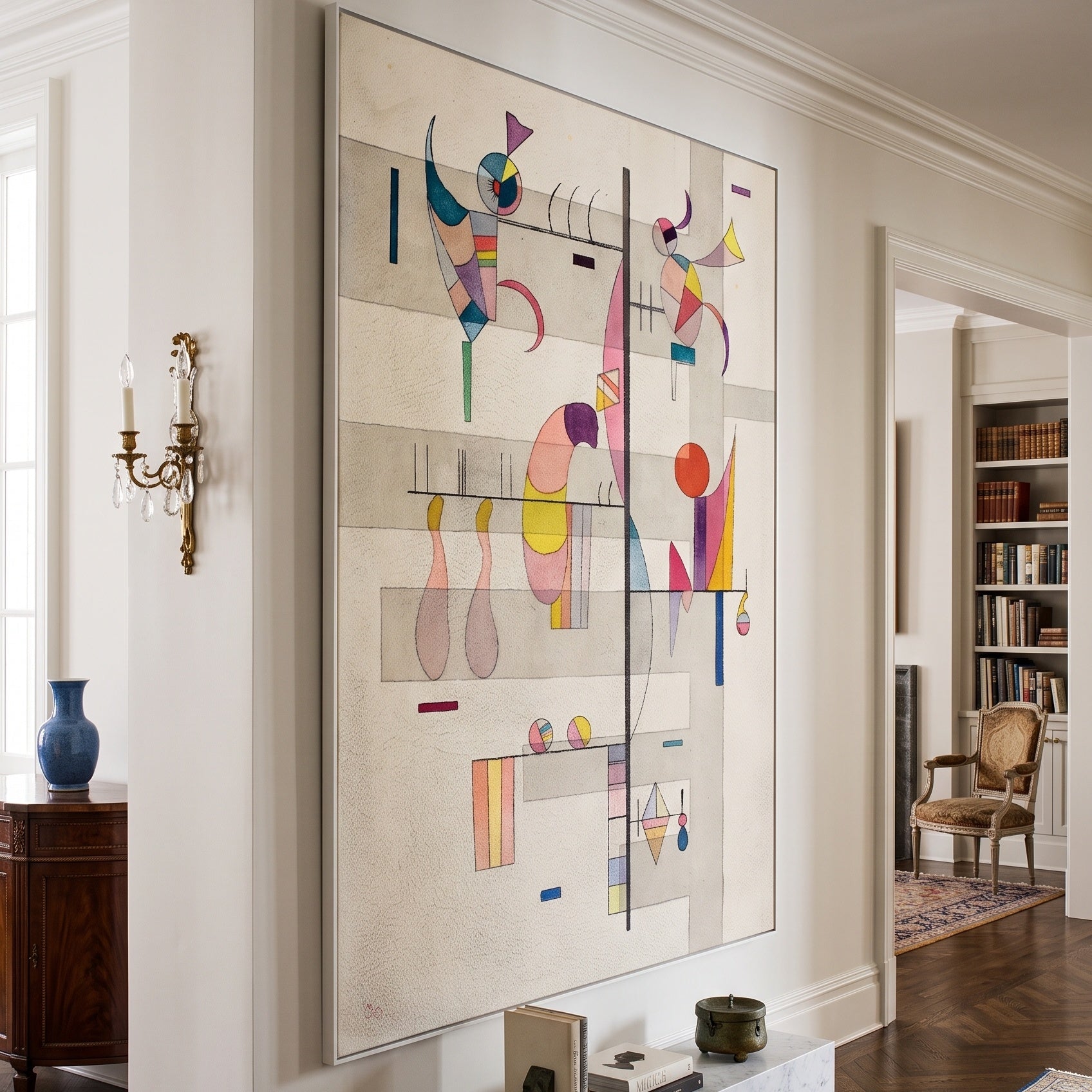 Vertical Axis with Pastel Forms by Wassily Kandinsky — large white and grey Modern Abstract canvas art on a hallway wall