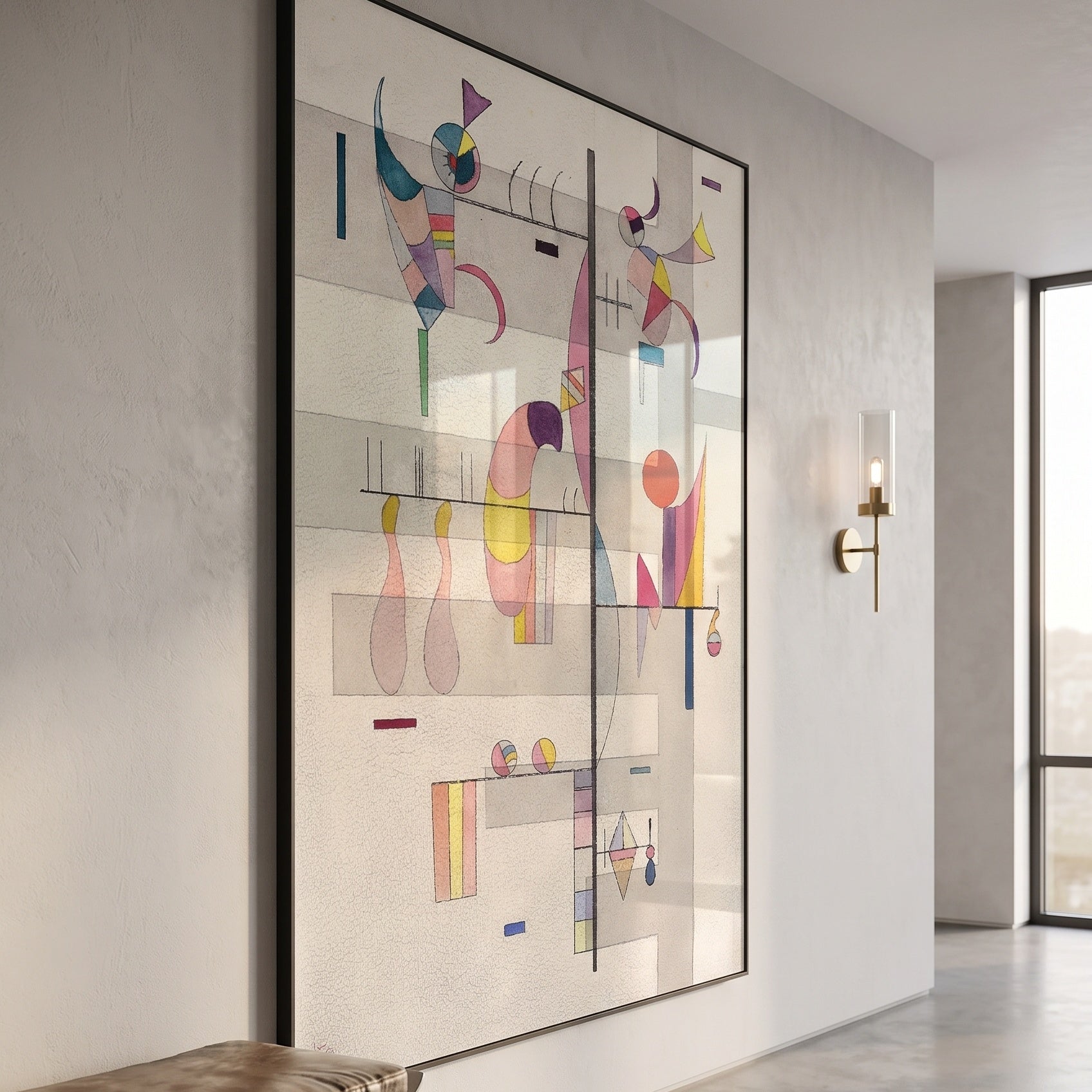 Vertical Axis with Pastel Forms by Wassily Kandinsky — large white and grey Modern Abstract canvas art on a hallway wall