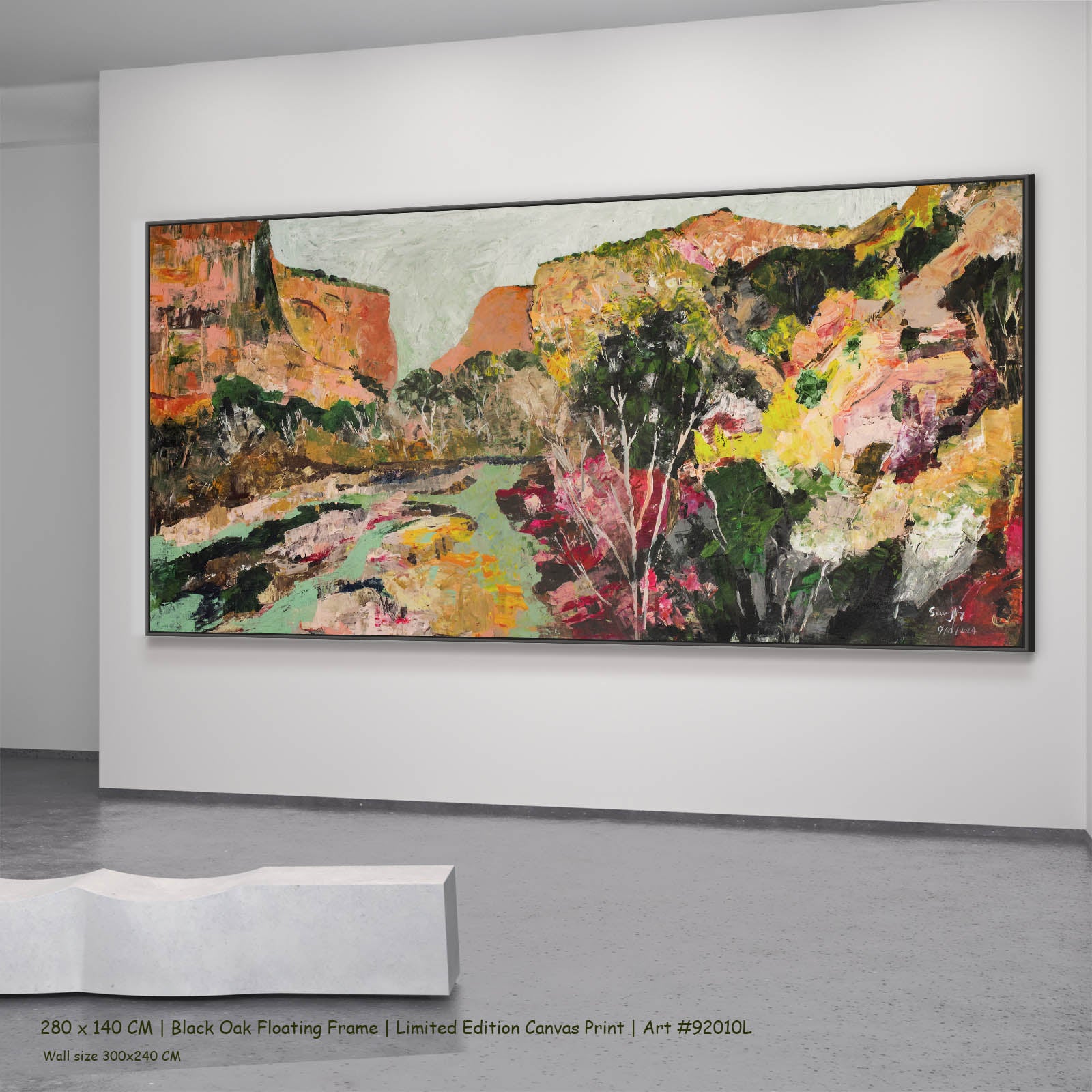 Path of Water Abstract canvas wall art in a black oak floating frame, 280 × 140 cm