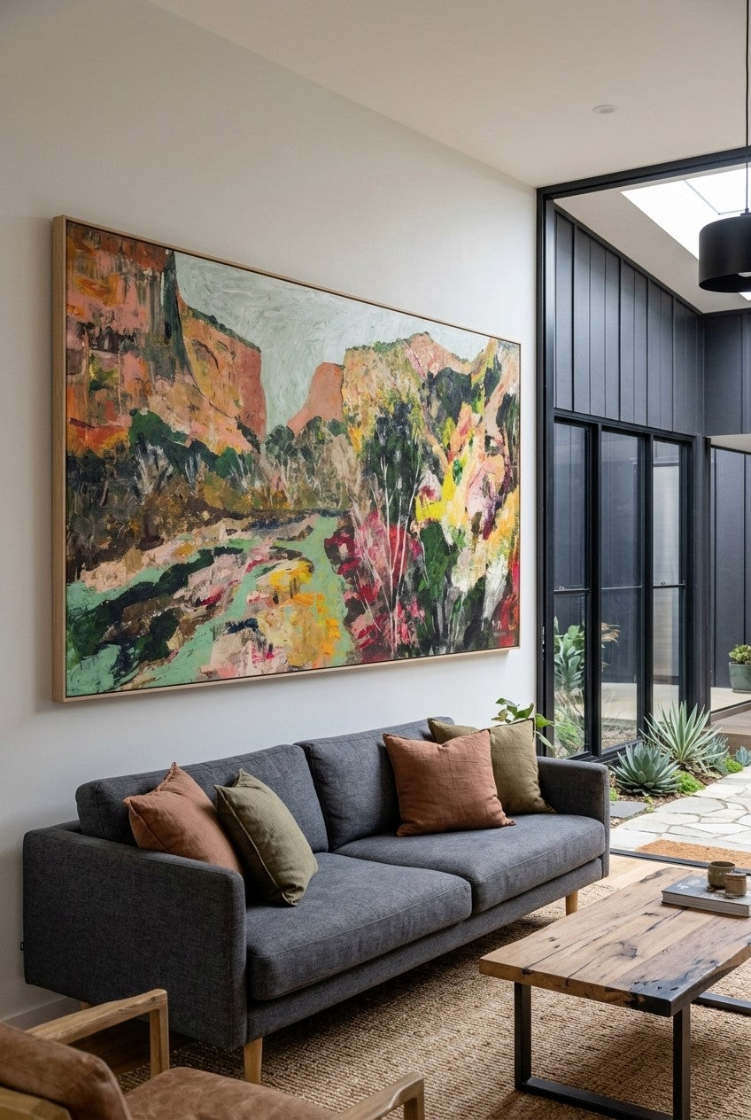 Path of Water by Summer Jiang — large orange and green Landscape canvas art displayed on a wall