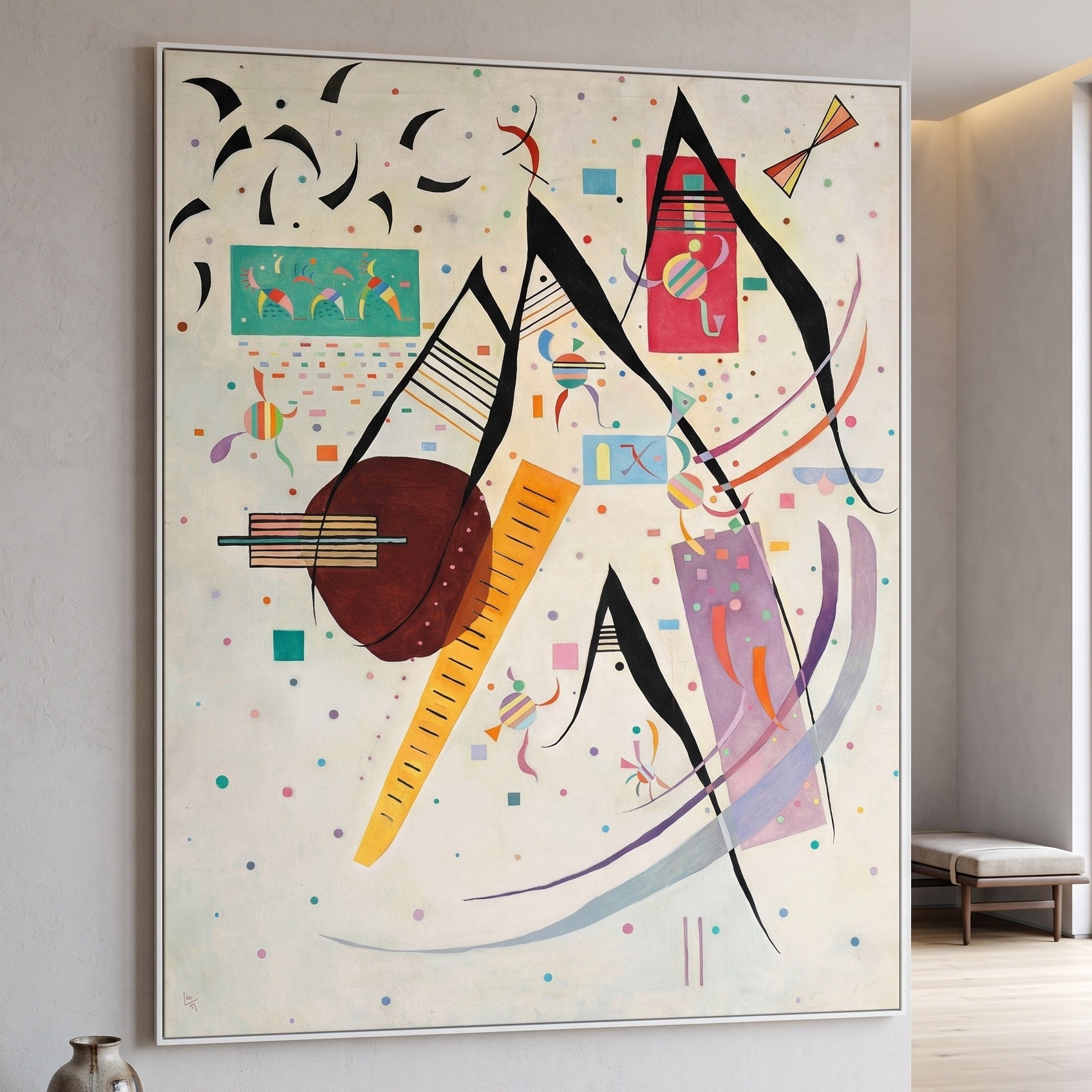 Composition with Little Figures by Wassily Kandinsky — large brown and orange Abstract canvas art on a living room wall