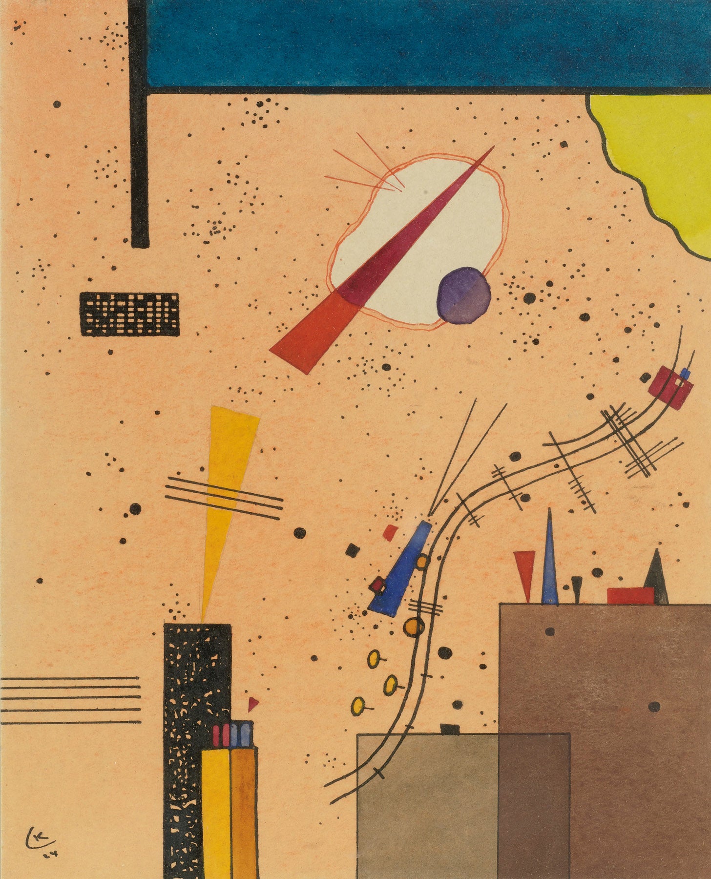 Large gold and blue Geometric Abstract canvas print of Speckled Ground with Buildings by Wassily Kandinsky