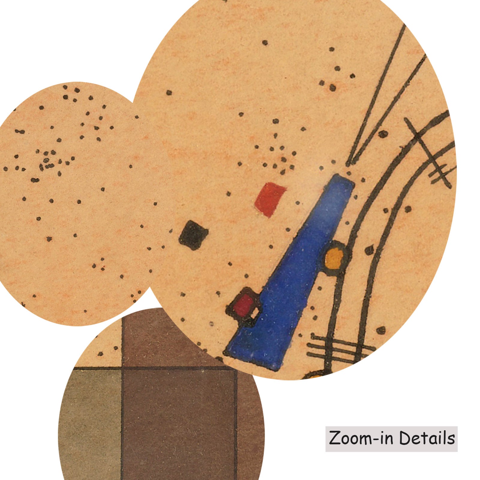 Close-up detail of the brushwork on Speckled Ground with Buildings, a large gold and blue Geometric Abstract canvas by Wassil