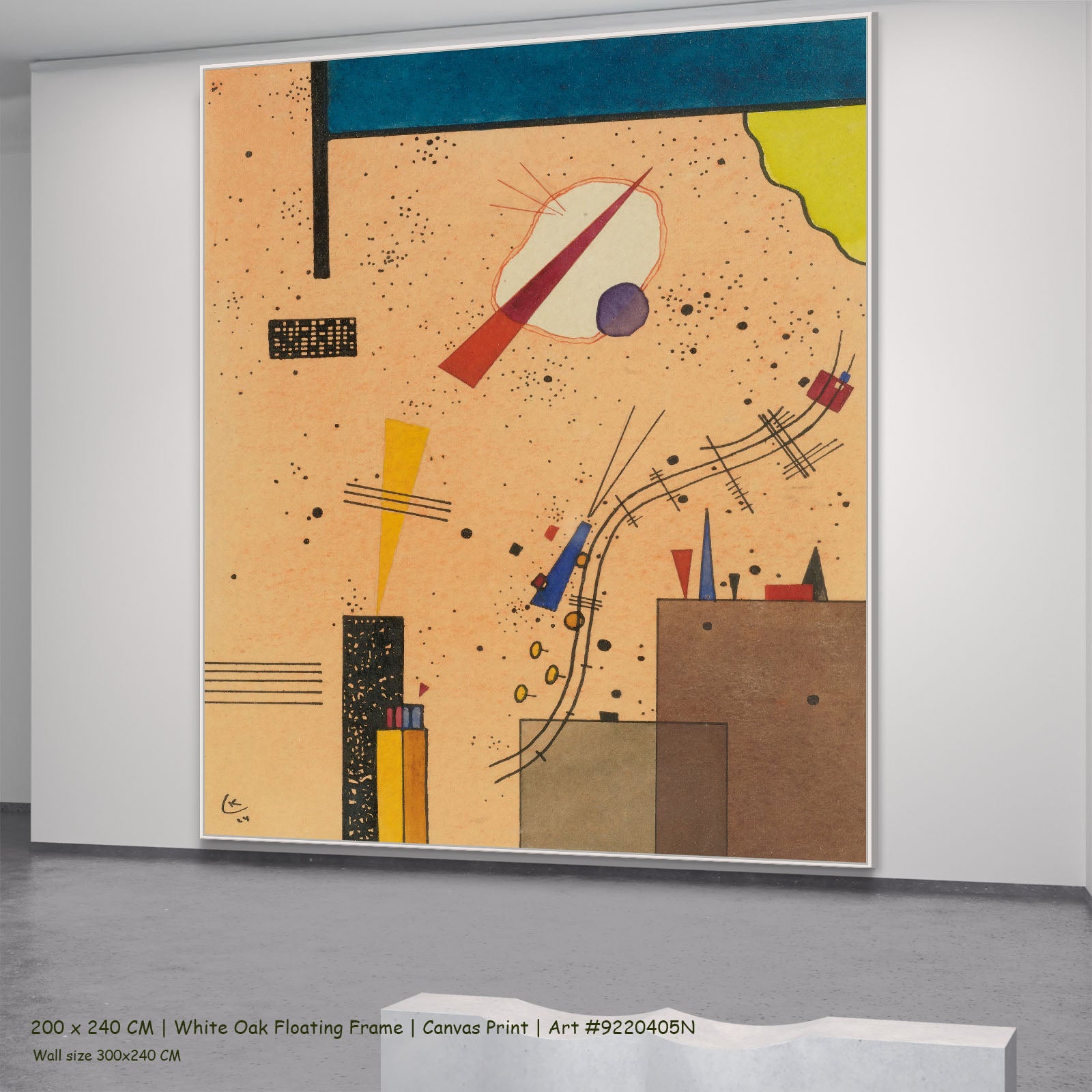 Speckled Ground with Buildings by Wassily Kandinsky in a white oak floating frame, large gold and blue Geometric Abstract can