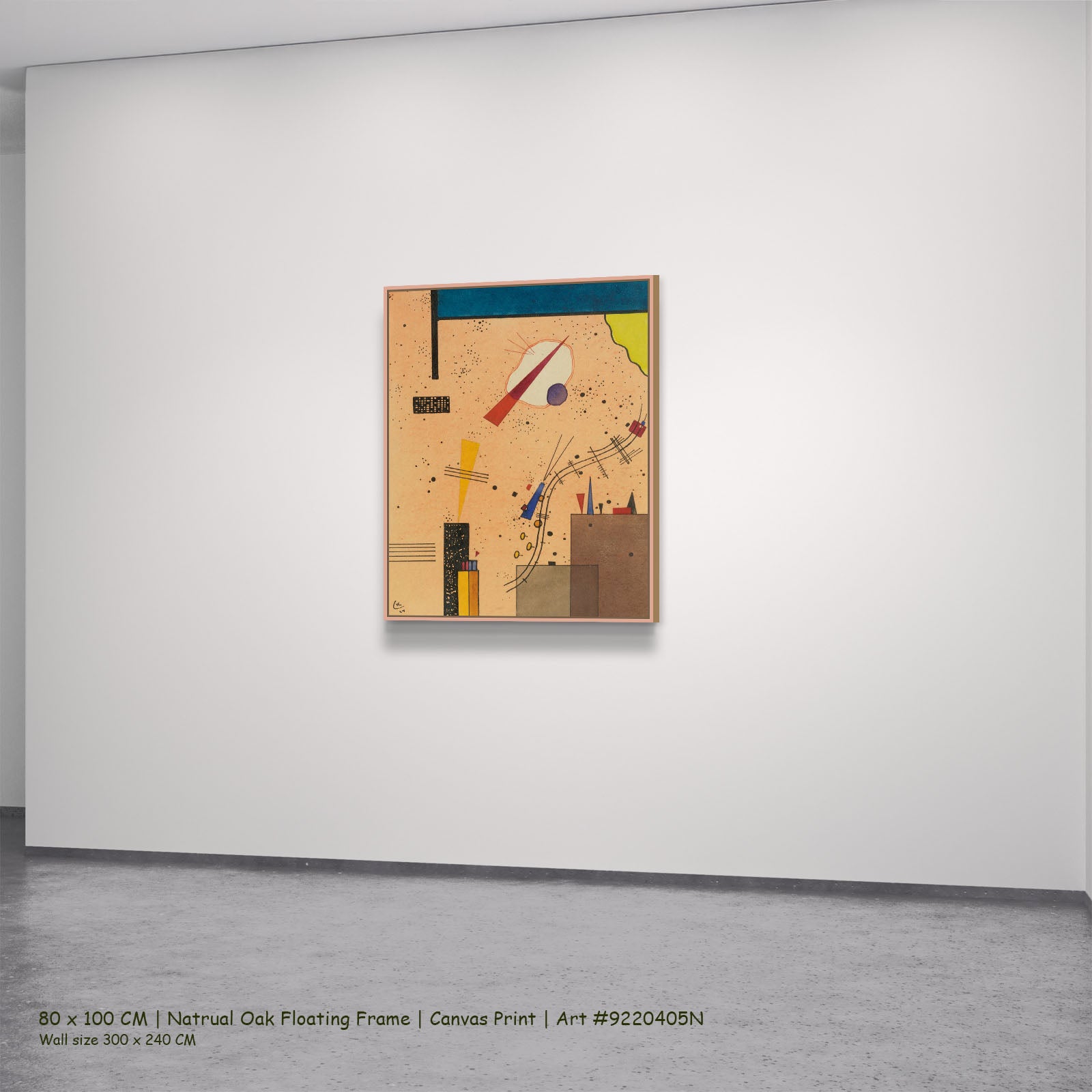 Speckled Ground with Buildings by Wassily Kandinsky in a natural oak floating frame, large gold and blue Geometric Abstract c