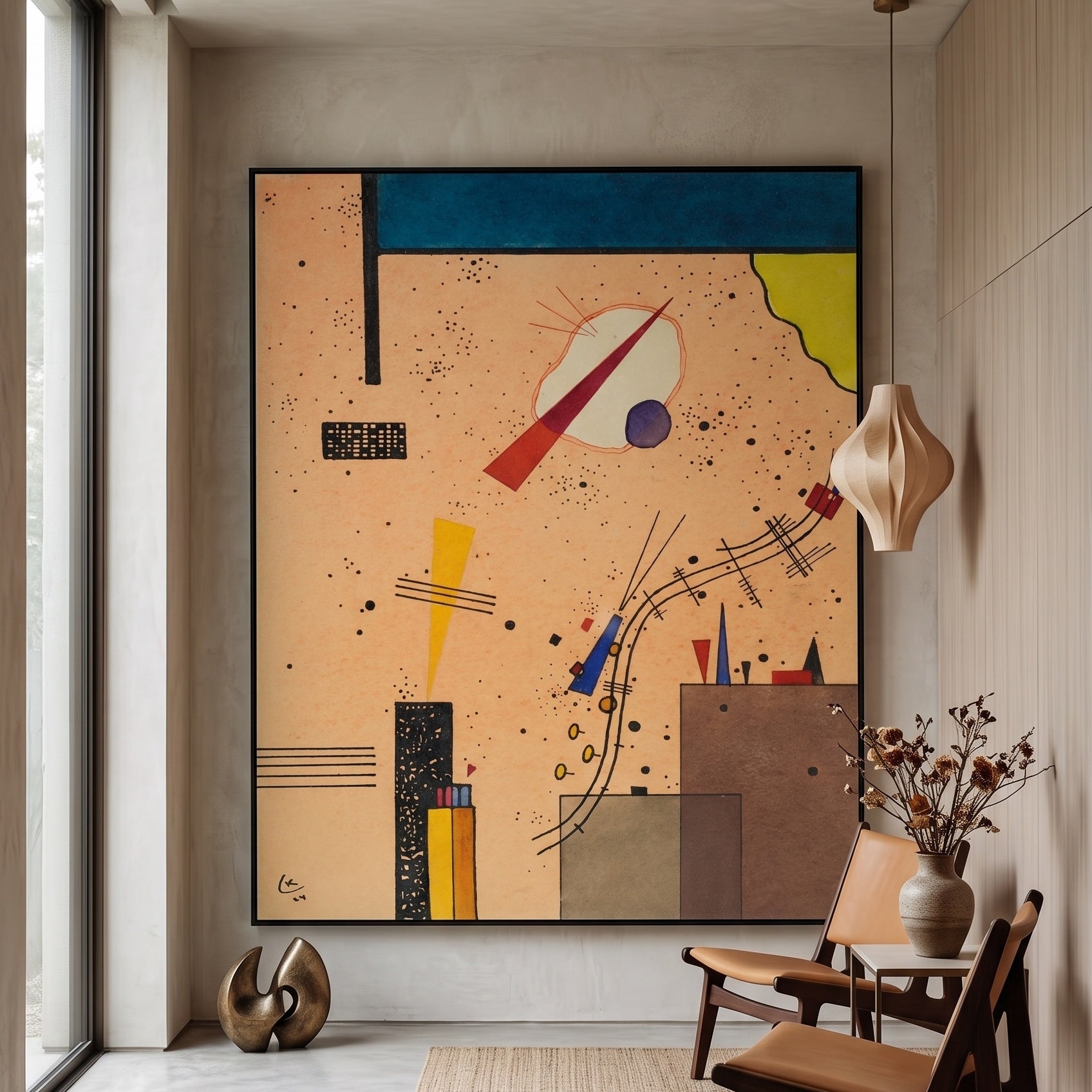Speckled Ground with Buildings by Wassily Kandinsky — large gold and blue Geometric Abstract canvas art displayed on a wall