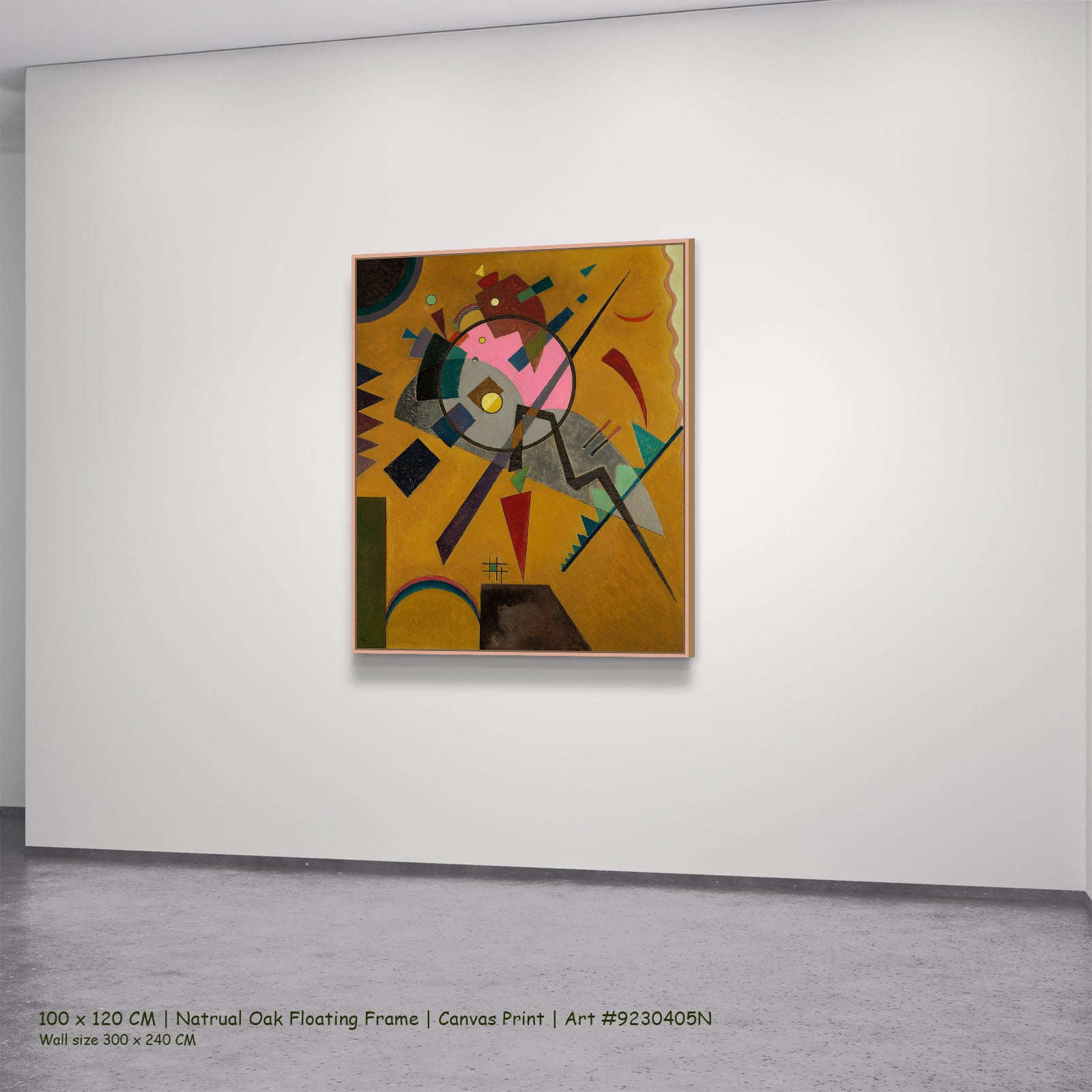 Orange by Wassily Kandinsky in a natural oak floating frame, large gold and grey Colourful Abstract canvas