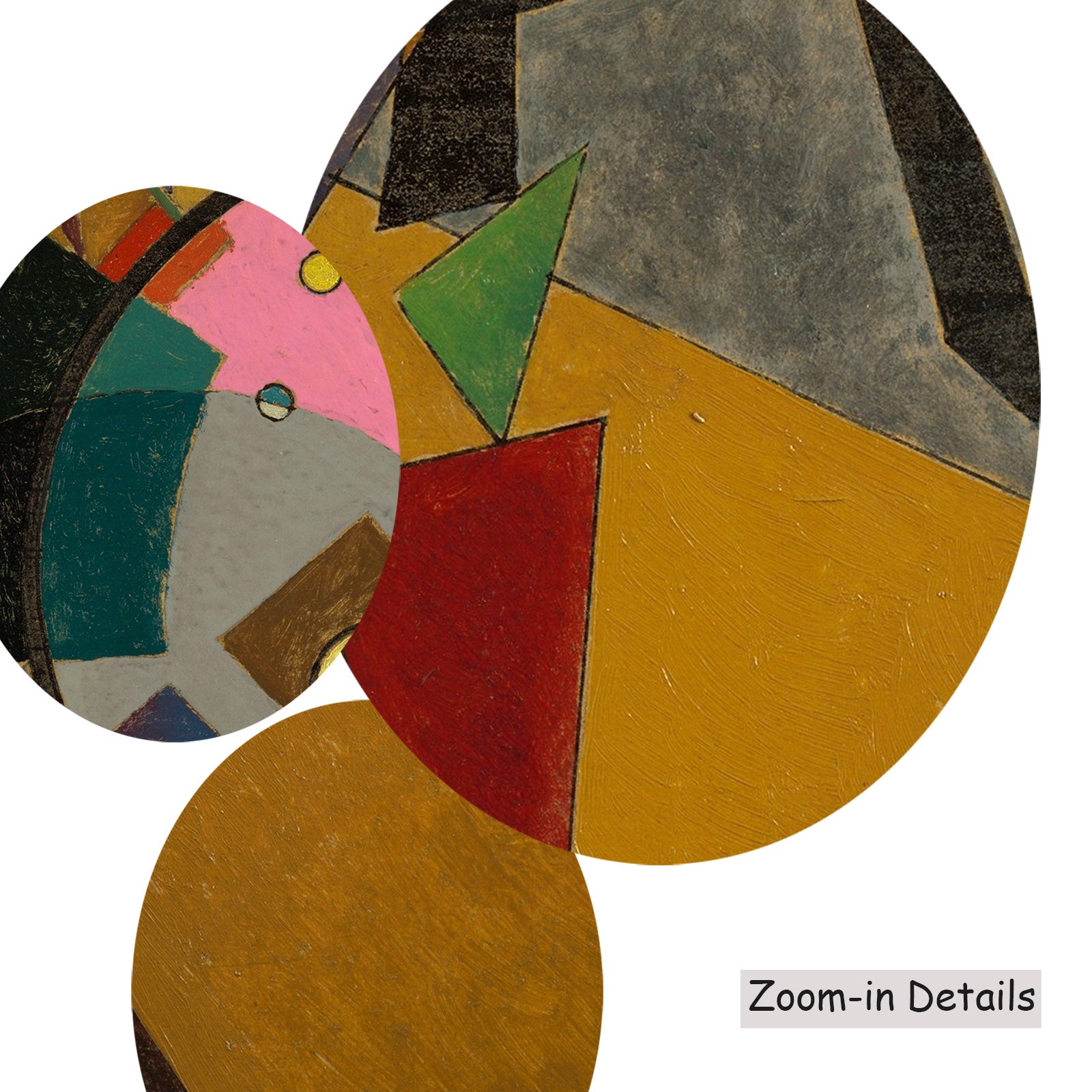 Close-up detail of the brushwork on Orange, a large gold and grey Colourful Abstract canvas by Wassily Kandinsky