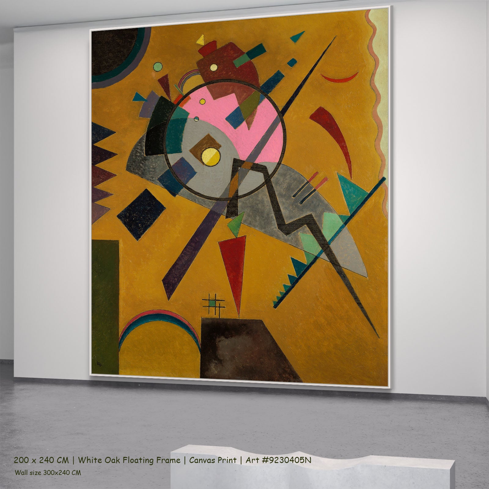 Orange by Wassily Kandinsky in a white oak floating frame, large gold and grey Colourful Abstract canvas