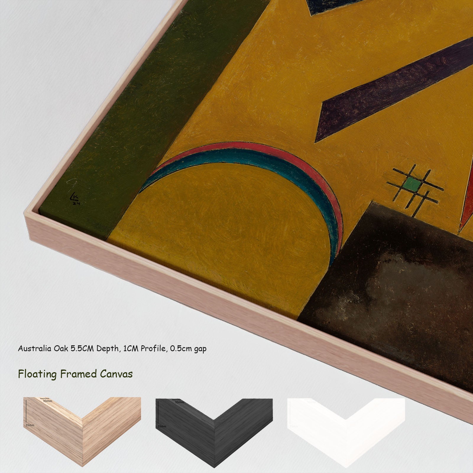 Orange by Wassily Kandinsky in a floating frame, large gold and grey Colourful Abstract canvas print