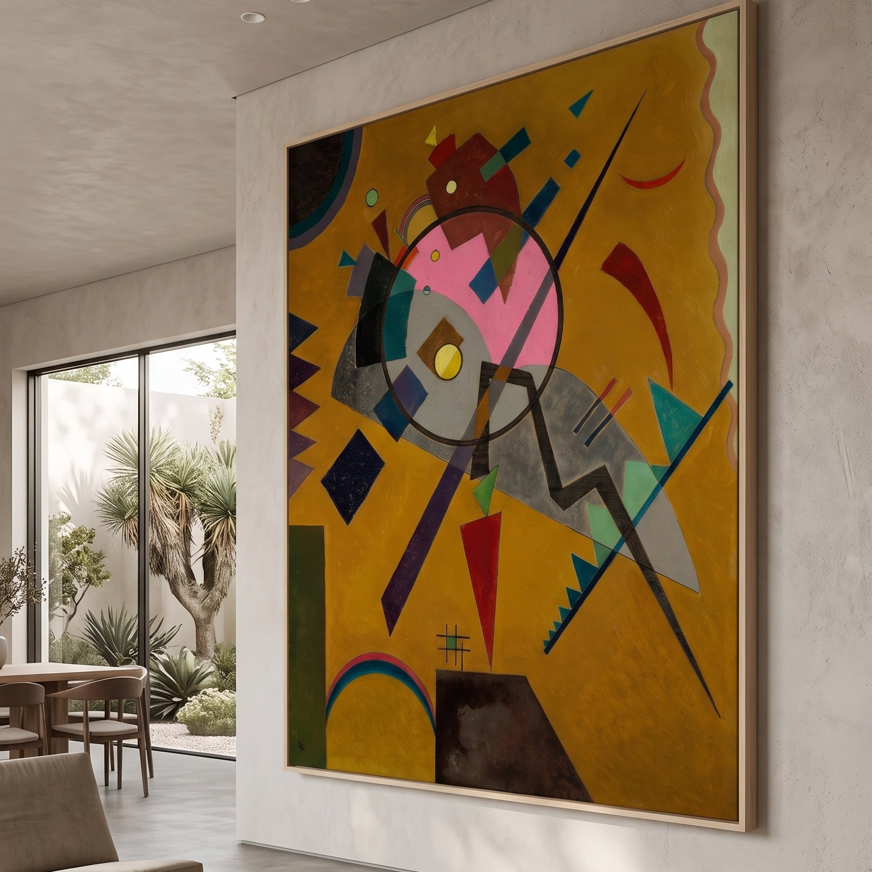 Orange by Wassily Kandinsky — large gold and grey Colourful Abstract canvas art on a living room wall