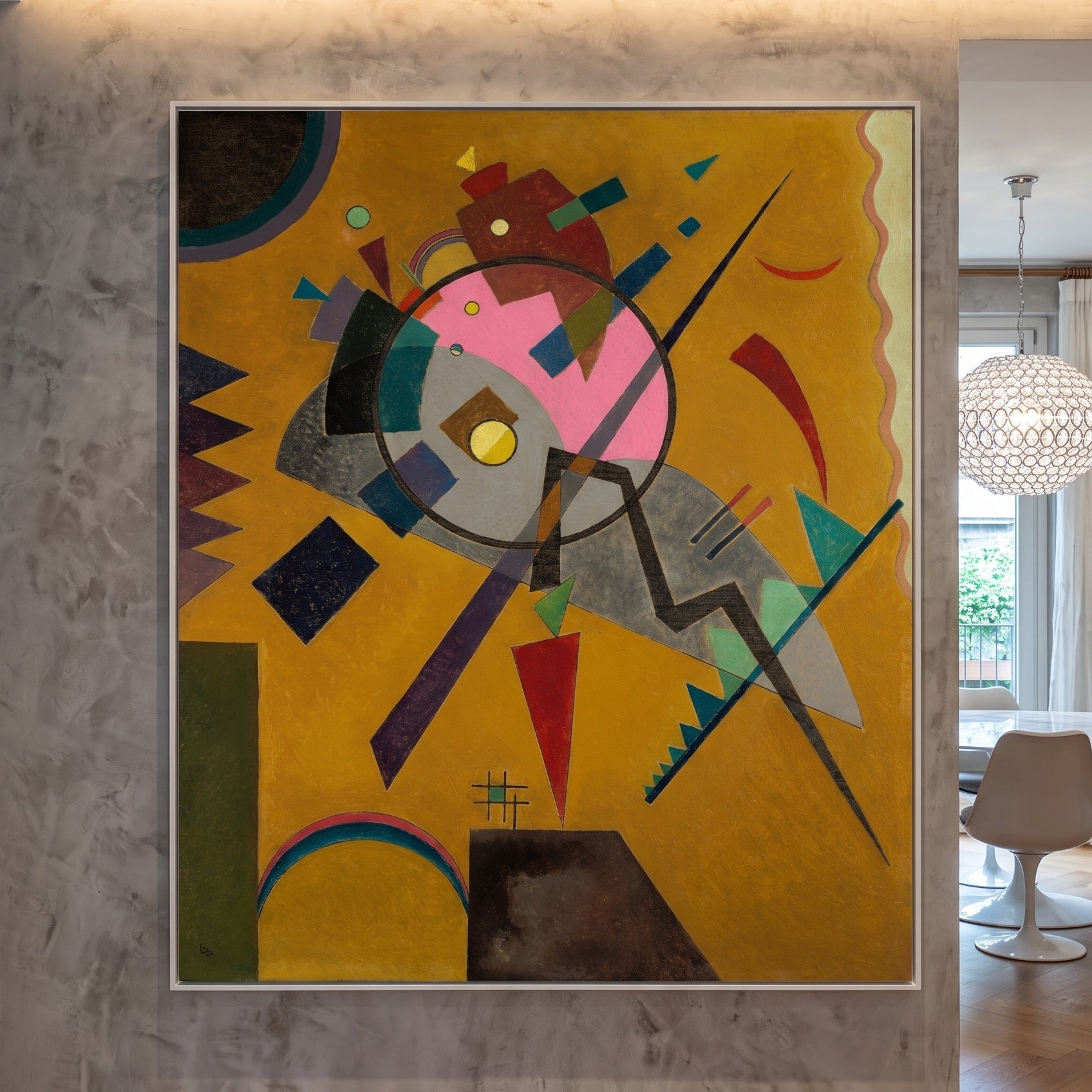 Orange by Wassily Kandinsky — large gold and grey Colourful Abstract canvas art displayed on a wall