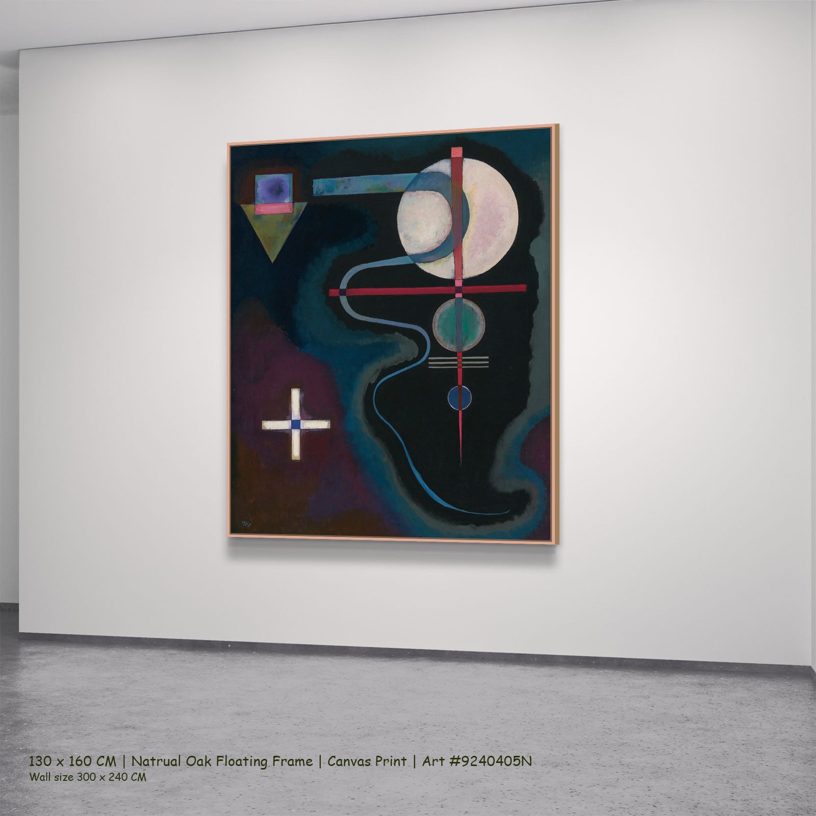 White Cross by Wassily Kandinsky in a natural oak floating frame, large blue and black Modern Abstract canvas