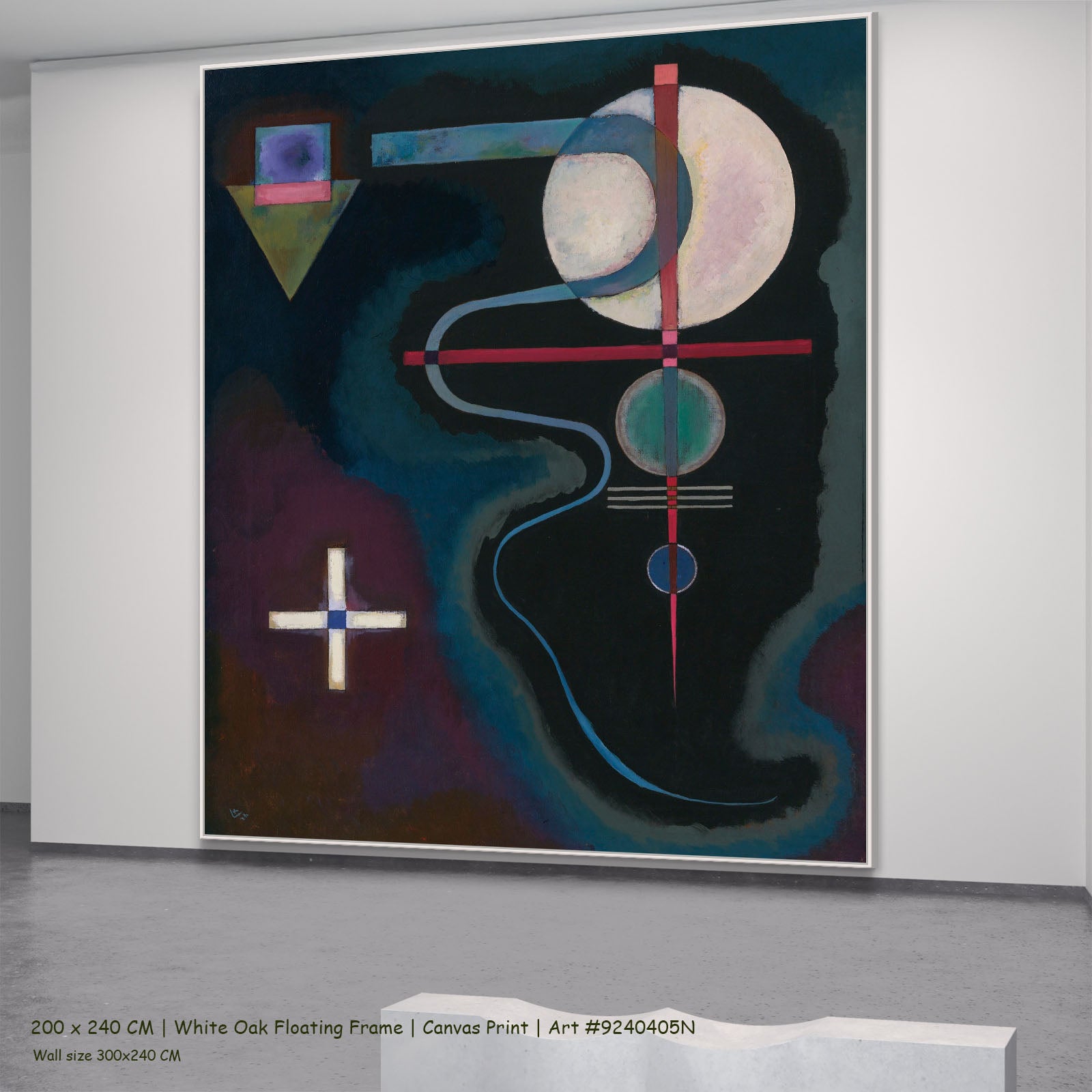 White Cross by Wassily Kandinsky in a white oak floating frame, large blue and black Modern Abstract canvas