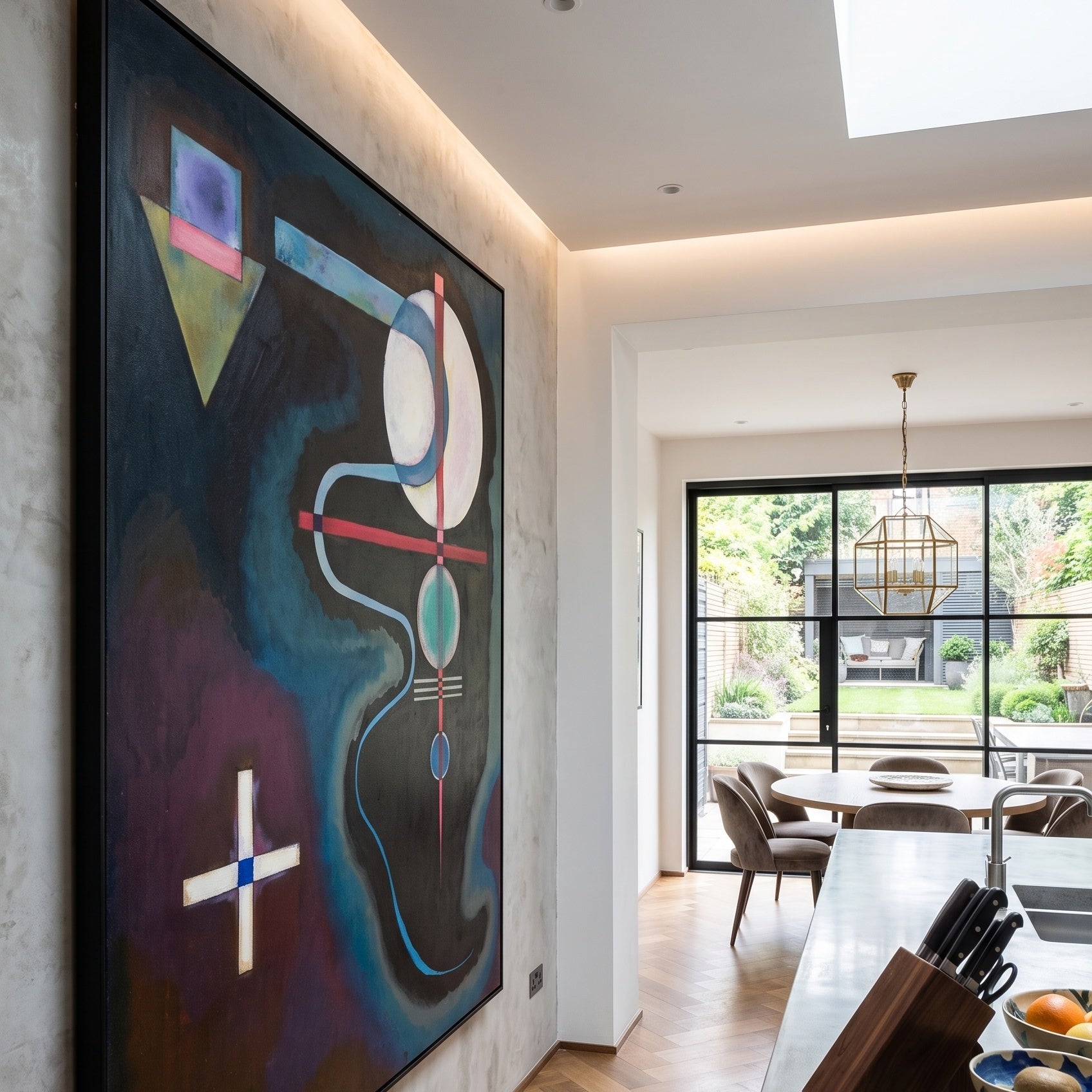 White Cross by Wassily Kandinsky — large blue and black Modern Abstract canvas art displayed on a wall