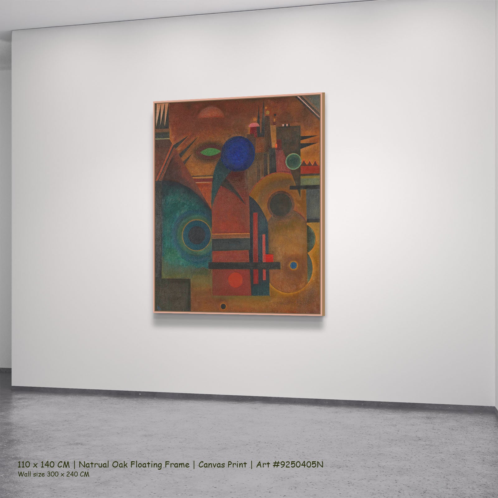 Composition with Blue Circle by Wassily Kandinsky in a natural oak floating frame, large brown and blue Abstract canvas