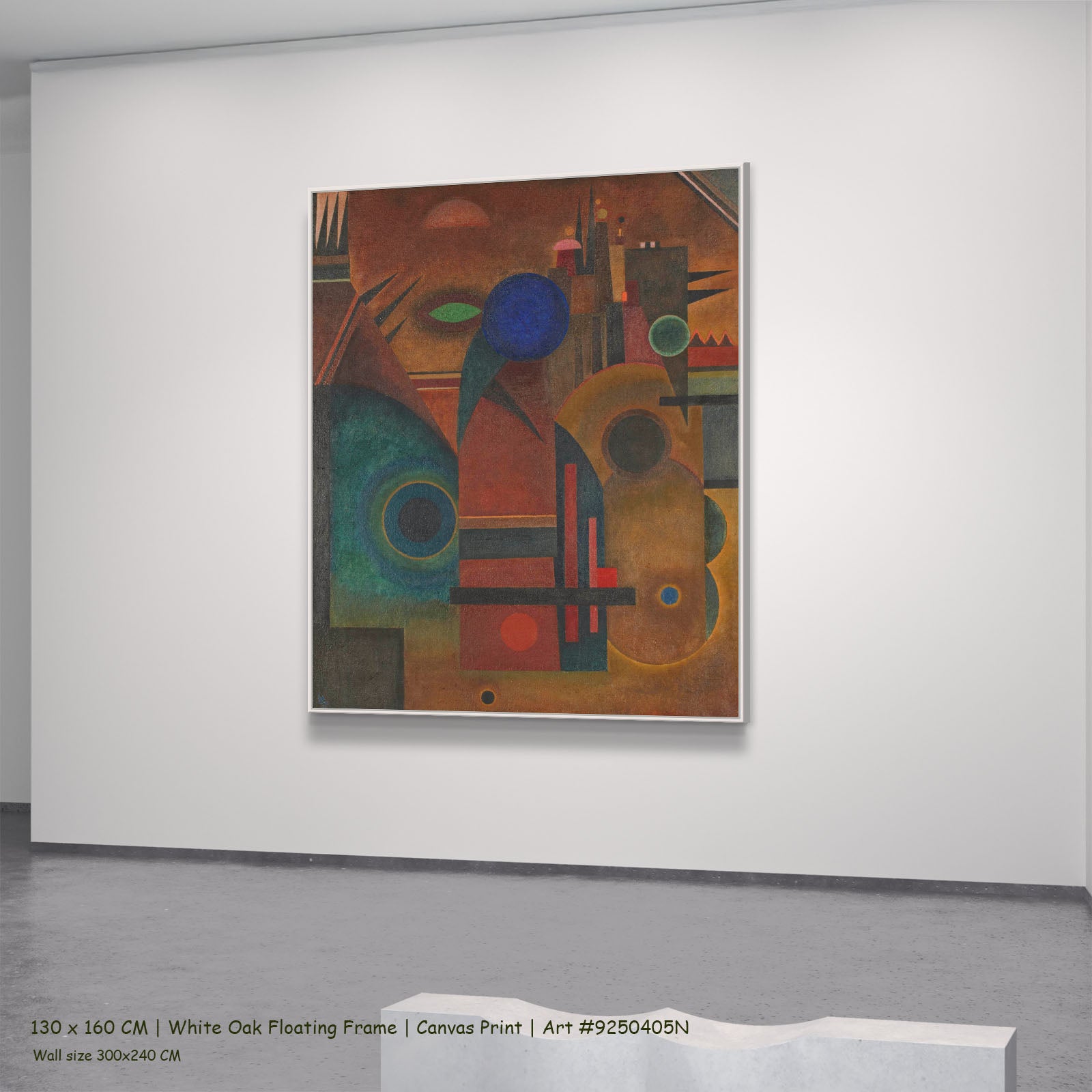 Composition with Blue Circle by Wassily Kandinsky in a white oak floating frame, large brown and blue Abstract canvas