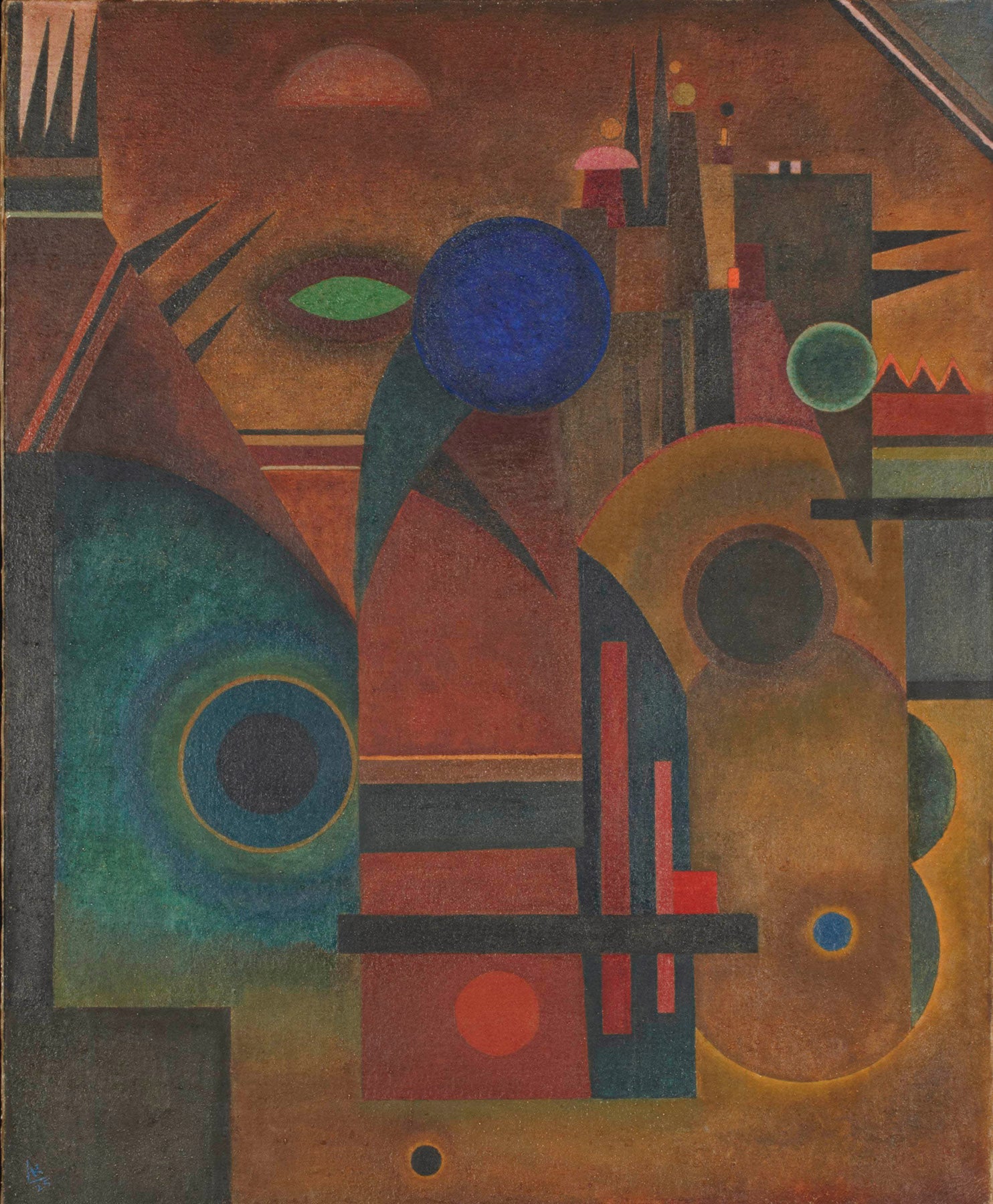 Large brown and blue Abstract canvas print of Composition with Blue Circle by Wassily Kandinsky