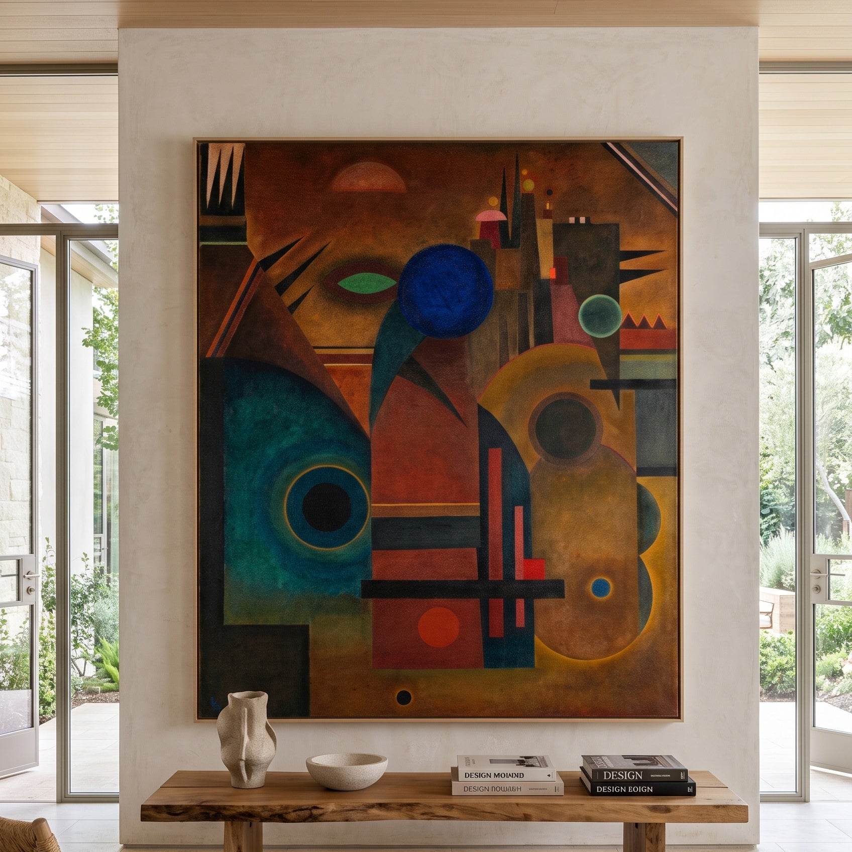 Composition with Blue Circle by Wassily Kandinsky — large brown and blue Abstract canvas art displayed on a wall