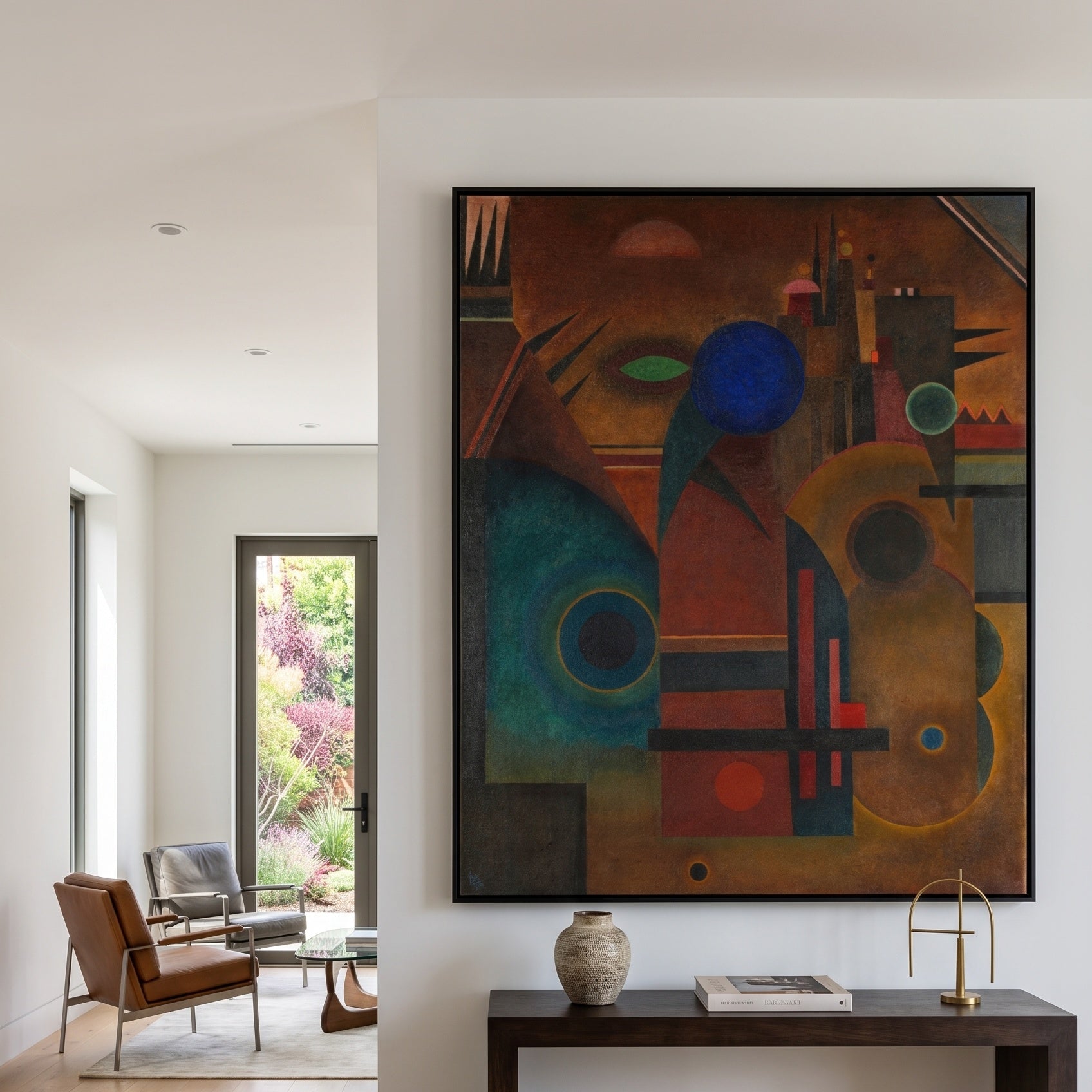 Composition with Blue Circle by Wassily Kandinsky — large brown and blue Abstract canvas art on a hallway wall