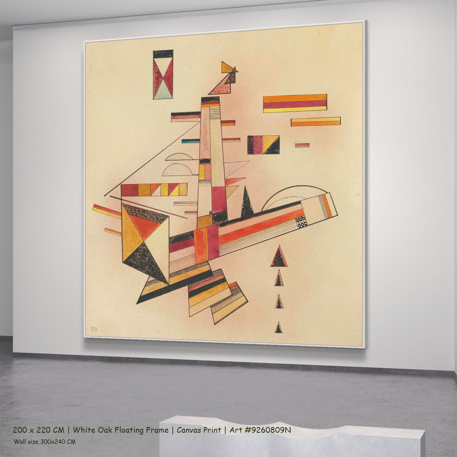 Ascending Structure by Wassily Kandinsky in a white oak floating frame, large orange and white Geometric Abstract canvas