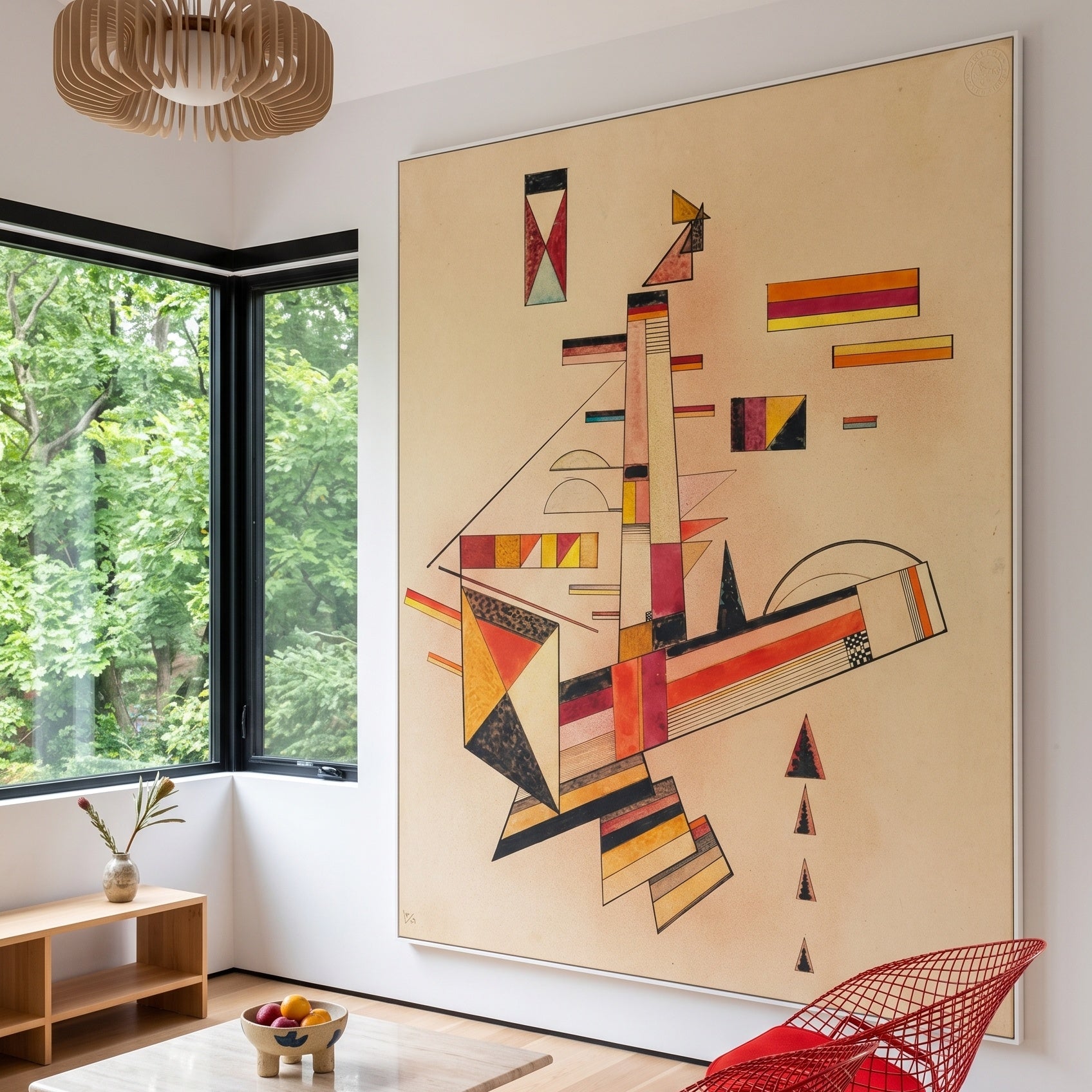 Ascending Structure by Wassily Kandinsky — large orange and white Geometric Abstract canvas art displayed on a wall