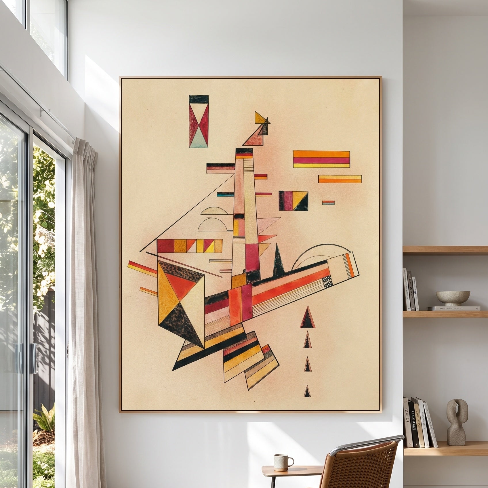 Ascending Structure by Wassily Kandinsky — large orange and white Geometric Abstract canvas art on a hallway wall