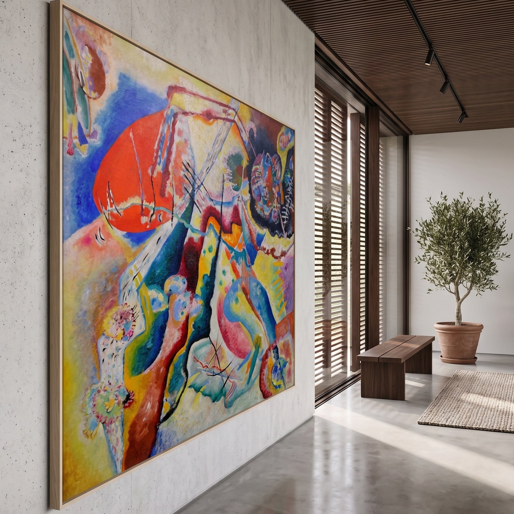 Painting with Red Spot by Wassily Kandinsky — large red and blue Colourful Abstract canvas art on a hallway wall
