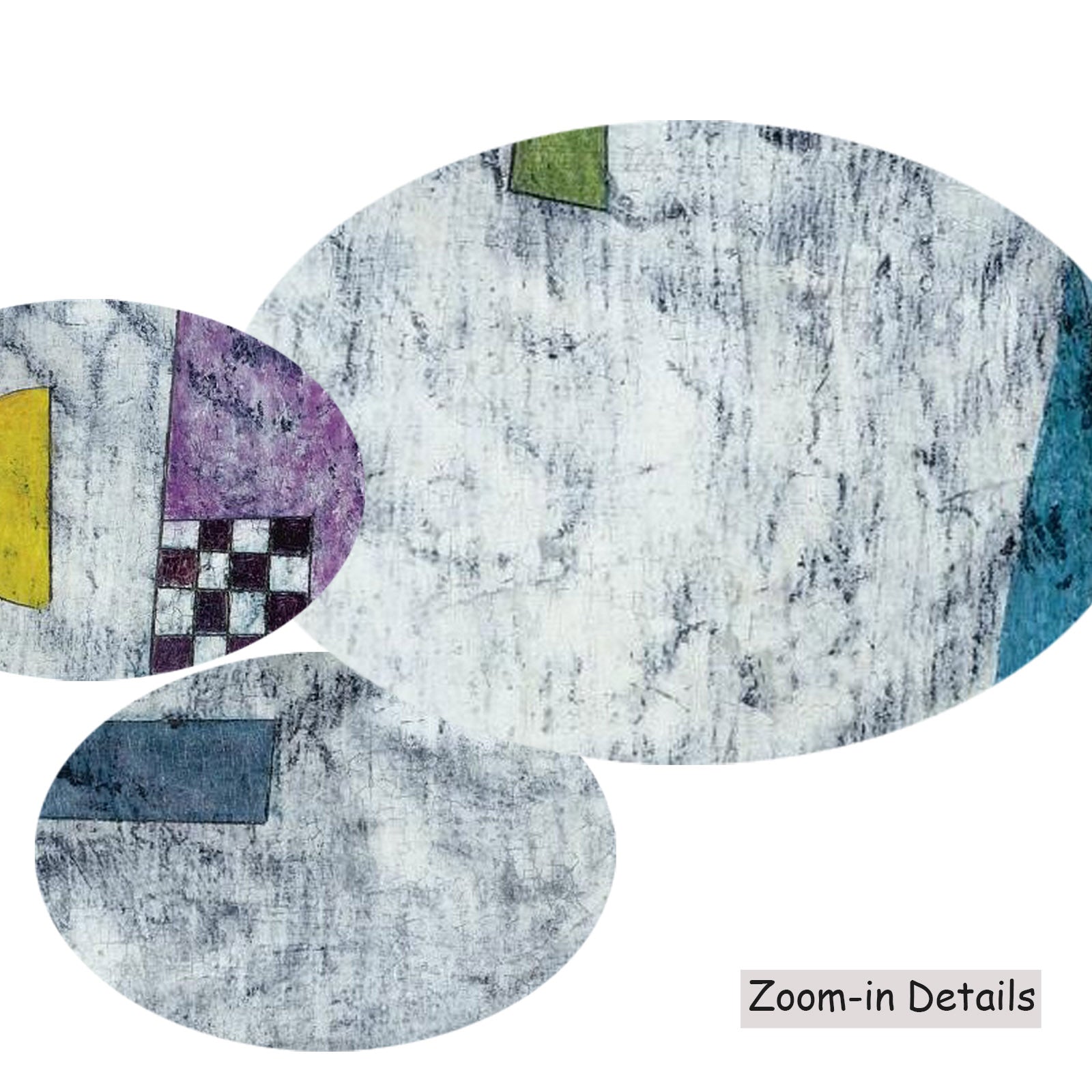 Close-up detail of the brushwork on Grey Ground with Coloured Groups, a large blue and yellow Modern Abstract canvas by Wassi
