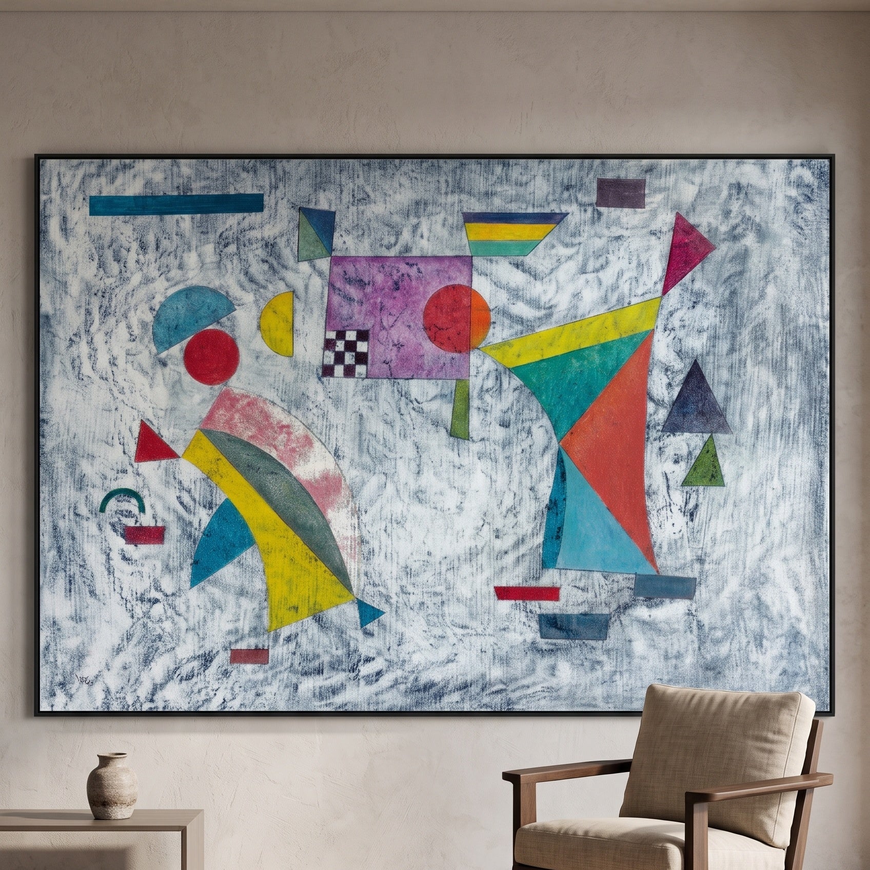 Grey Ground with Coloured Groups by Wassily Kandinsky — large blue and yellow Modern Abstract canvas art on a hallway wall