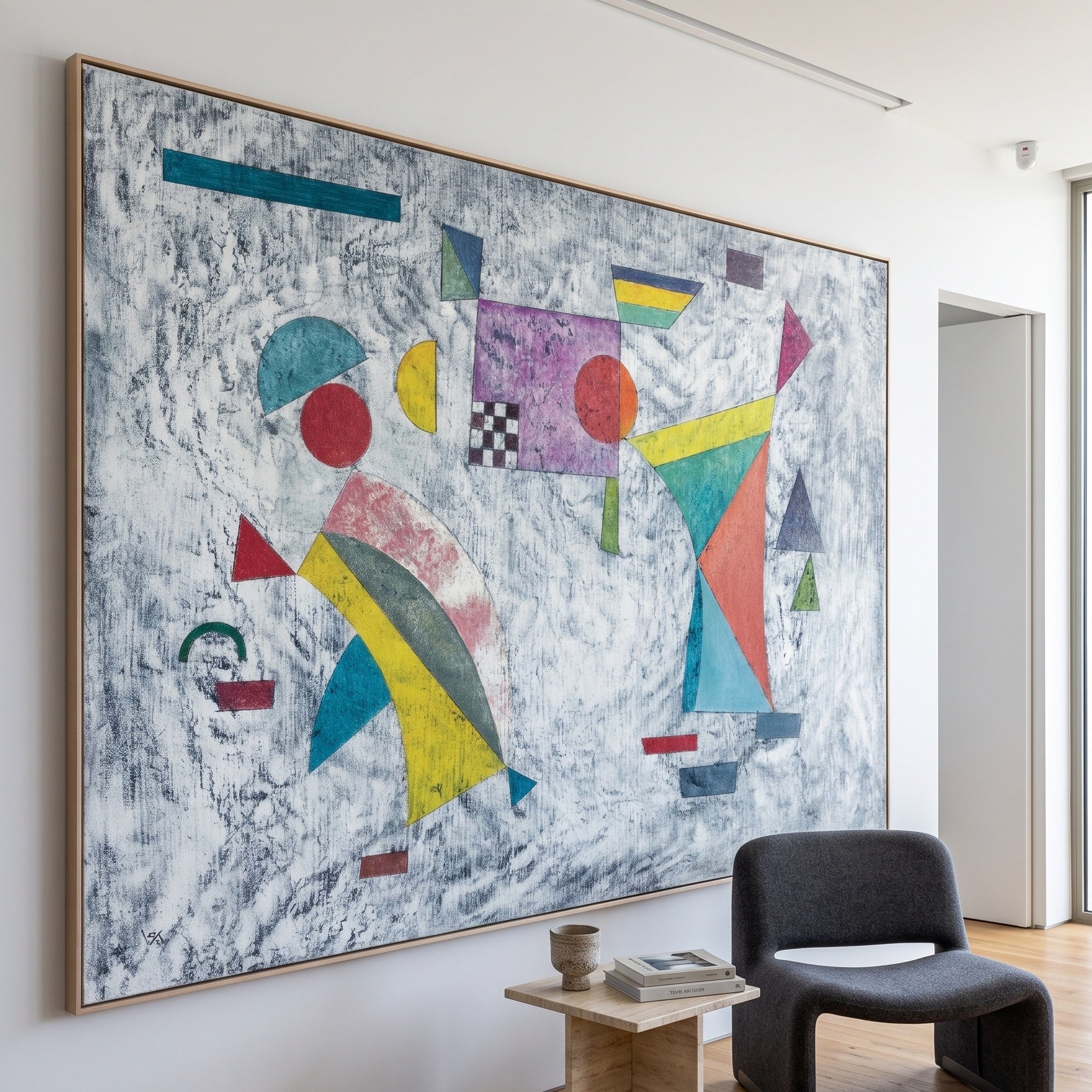 Grey Ground with Coloured Groups by Wassily Kandinsky — large blue and yellow Modern Abstract canvas art on a living room wal