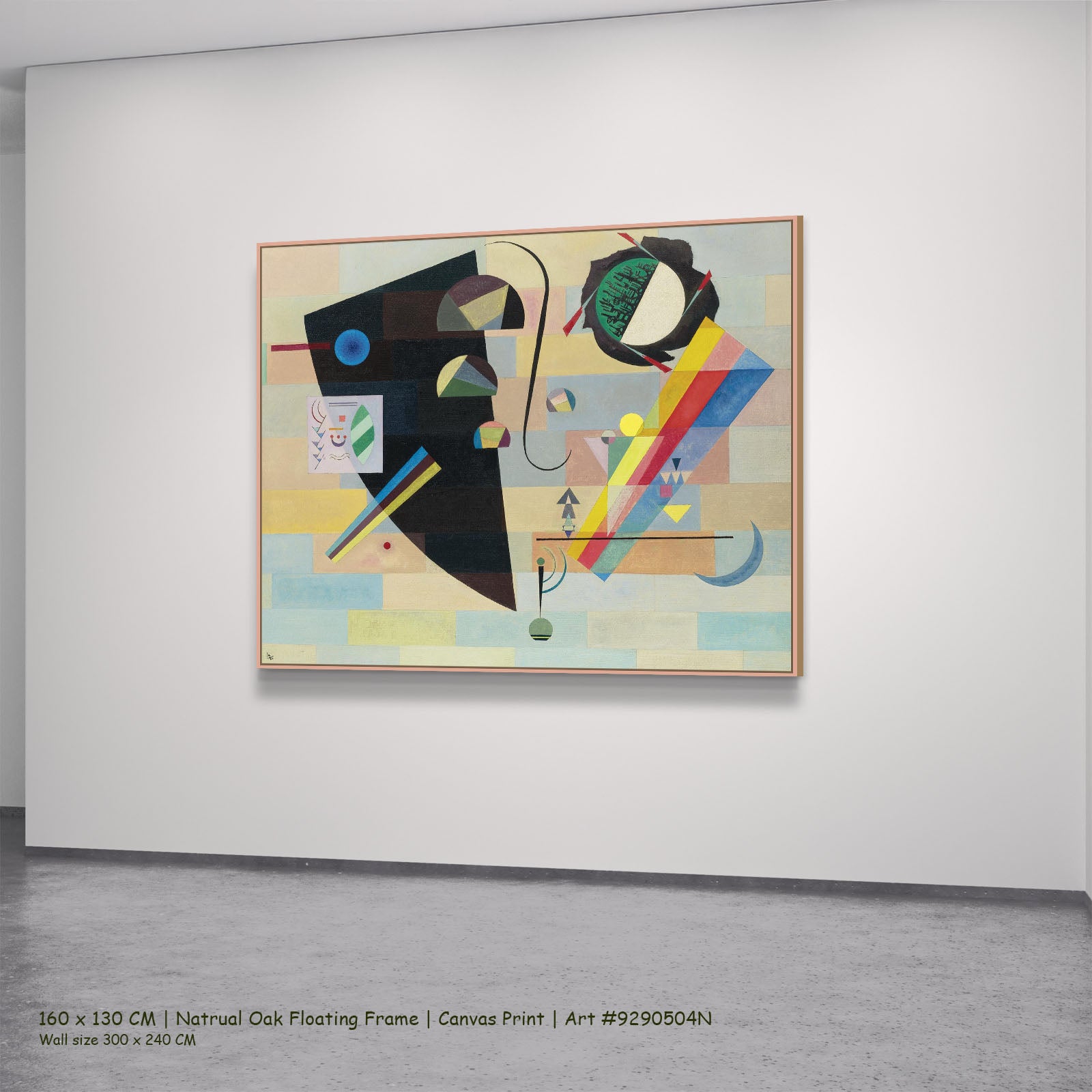 Black Form with Rainbow Band by Wassily Kandinsky in a natural oak floating frame, large black and white Abstract canvas