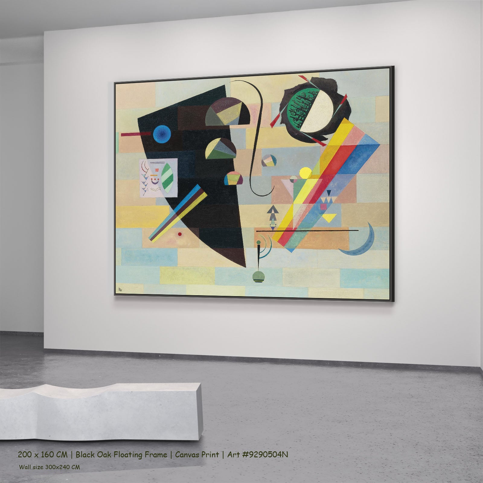 Black Form with Rainbow Band by Wassily Kandinsky in a black oak floating frame, large black and white Abstract canvas