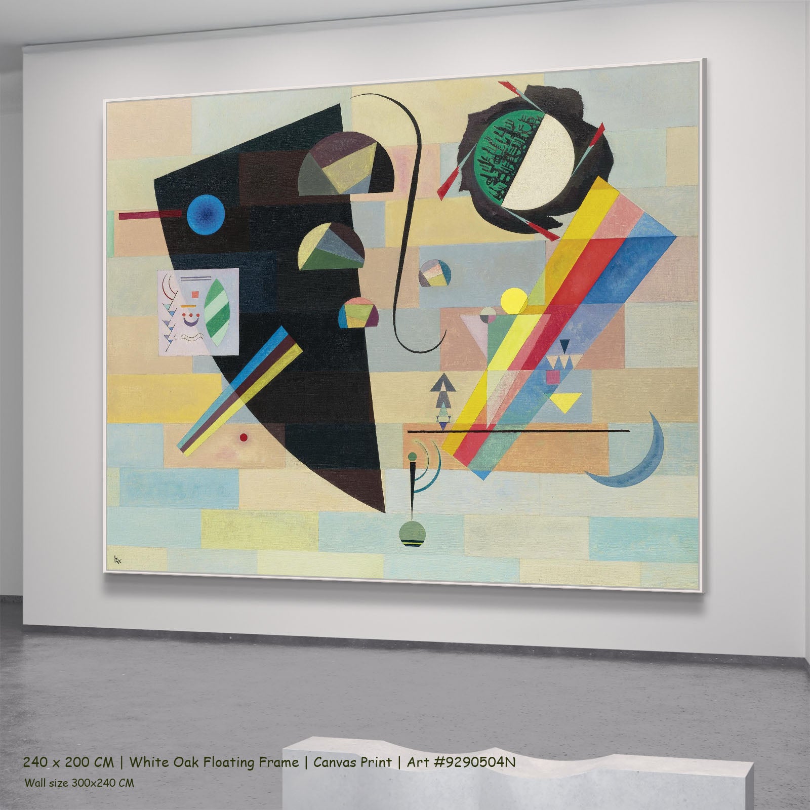 Black Form with Rainbow Band by Wassily Kandinsky in a white oak floating frame, large black and white Abstract canvas