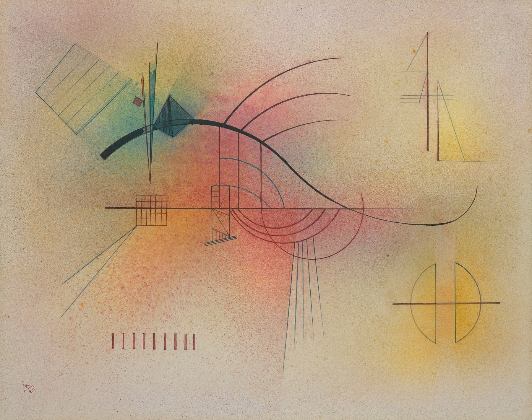 Large yellow and white Geometric Abstract canvas print of Abstract Composition with Black Arc by Wassily Kandinsky