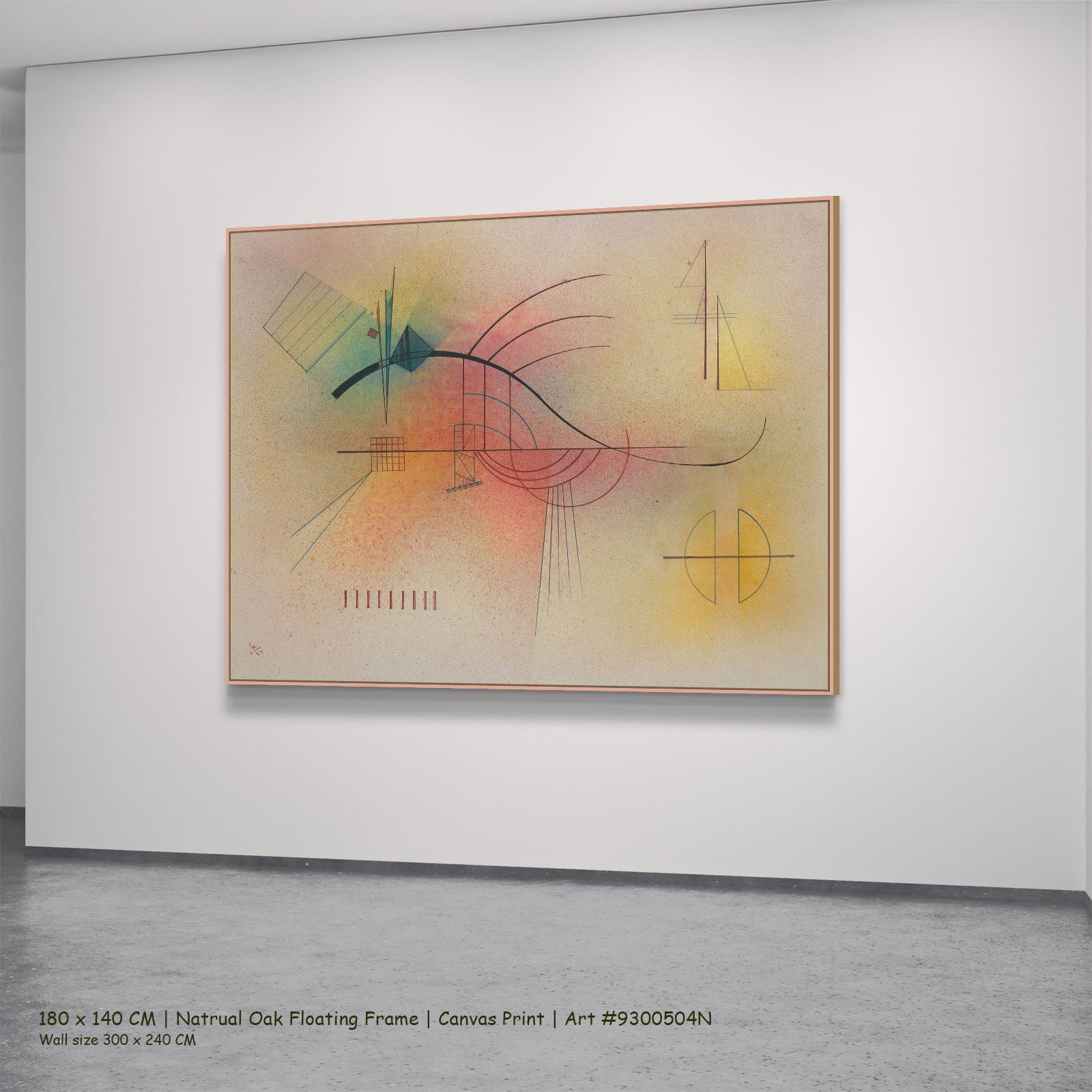 Abstract Composition with Black Arc by Wassily Kandinsky in a natural oak floating frame, large yellow and white Geometric Ab