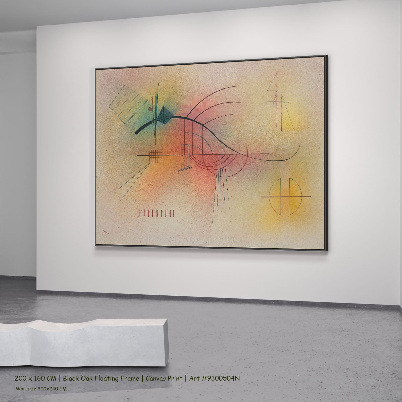 Abstract Composition with Black Arc by Wassily Kandinsky in a black oak floating frame, large yellow and white Geometric Abst