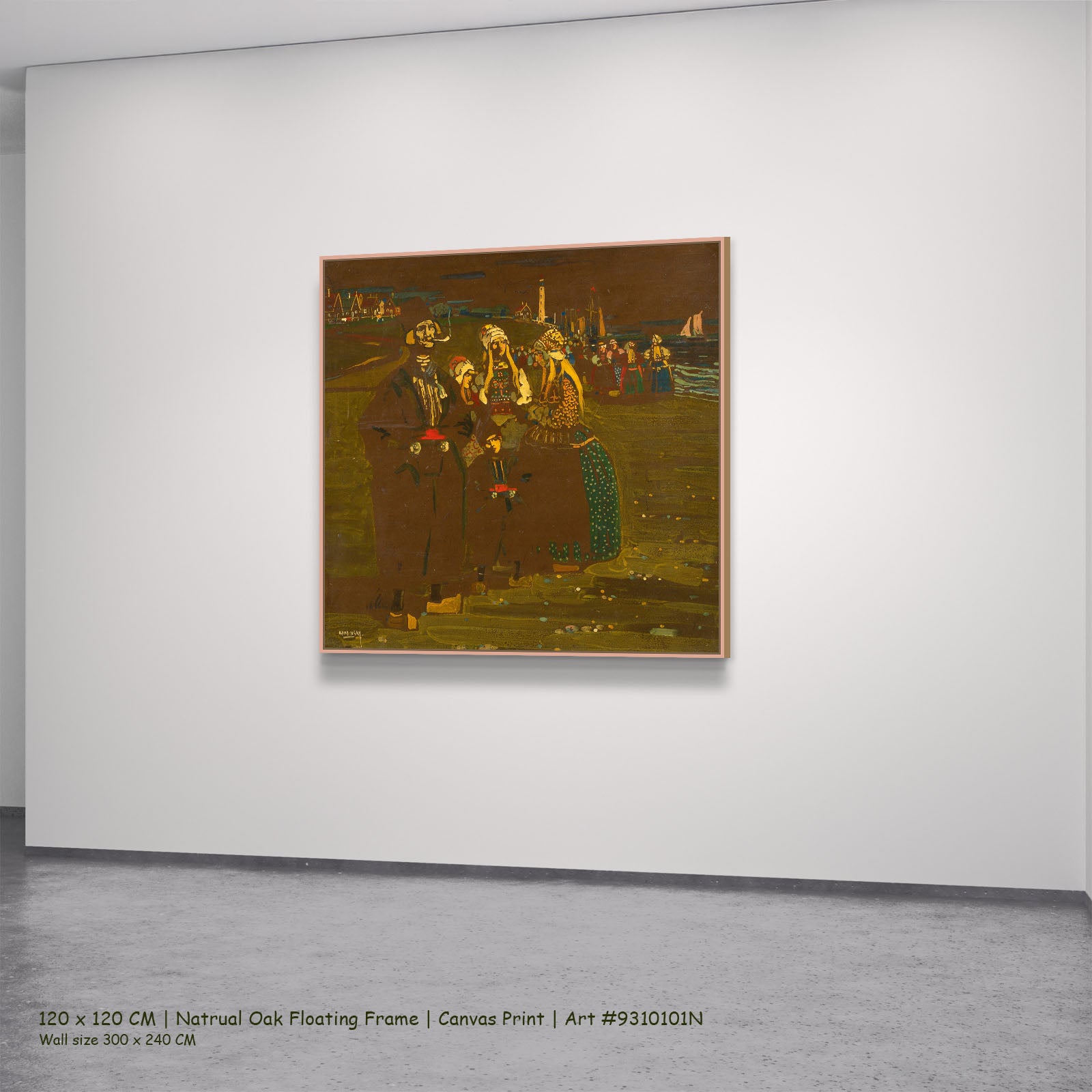Women on the Shore by Wassily Kandinsky in a natural oak floating frame, large brown and olive Colourful Abstract canvas