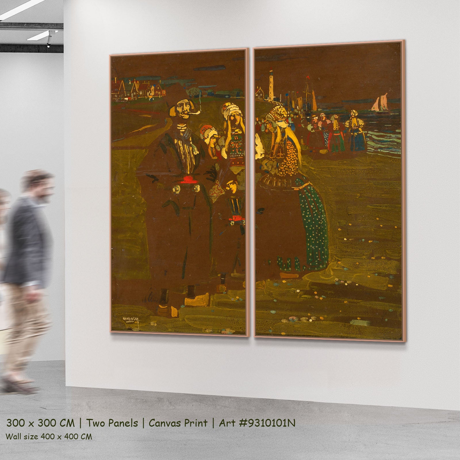 Women on the Shore by Wassily Kandinsky as a large two-panel brown and olive Colourful Abstract canvas set