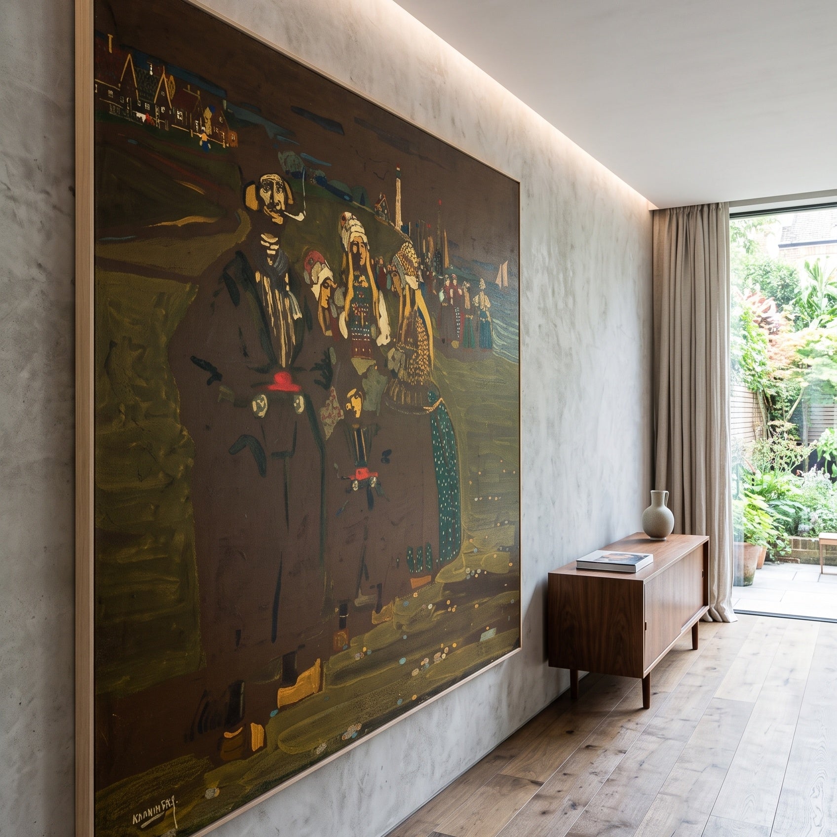Women on the Shore by Wassily Kandinsky — large brown and olive Colourful Abstract canvas art displayed on a wall